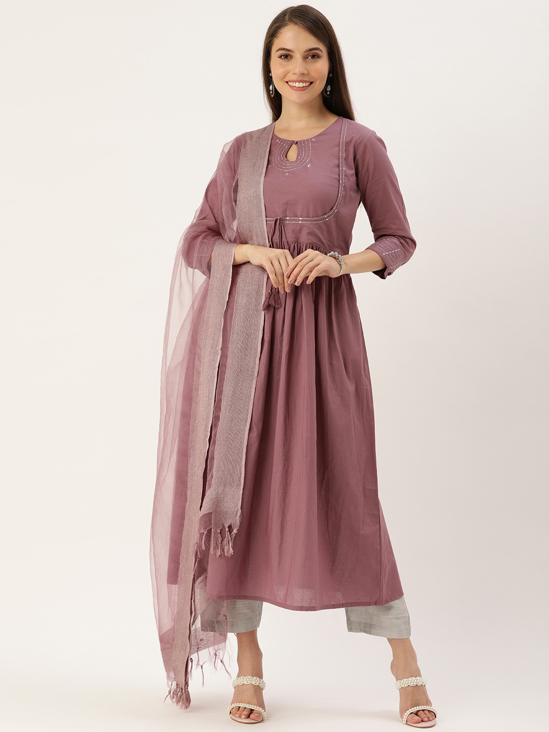

Varanga Women Mauve Sequined Keyhole Neck Anarkali Kurta