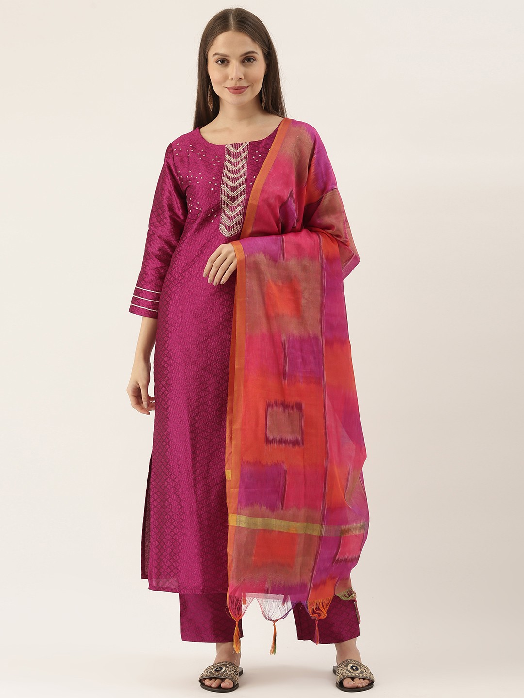 

Varanga Women Magenta Yoke Design Sequinned Kurta with Trousers & With Dupatta