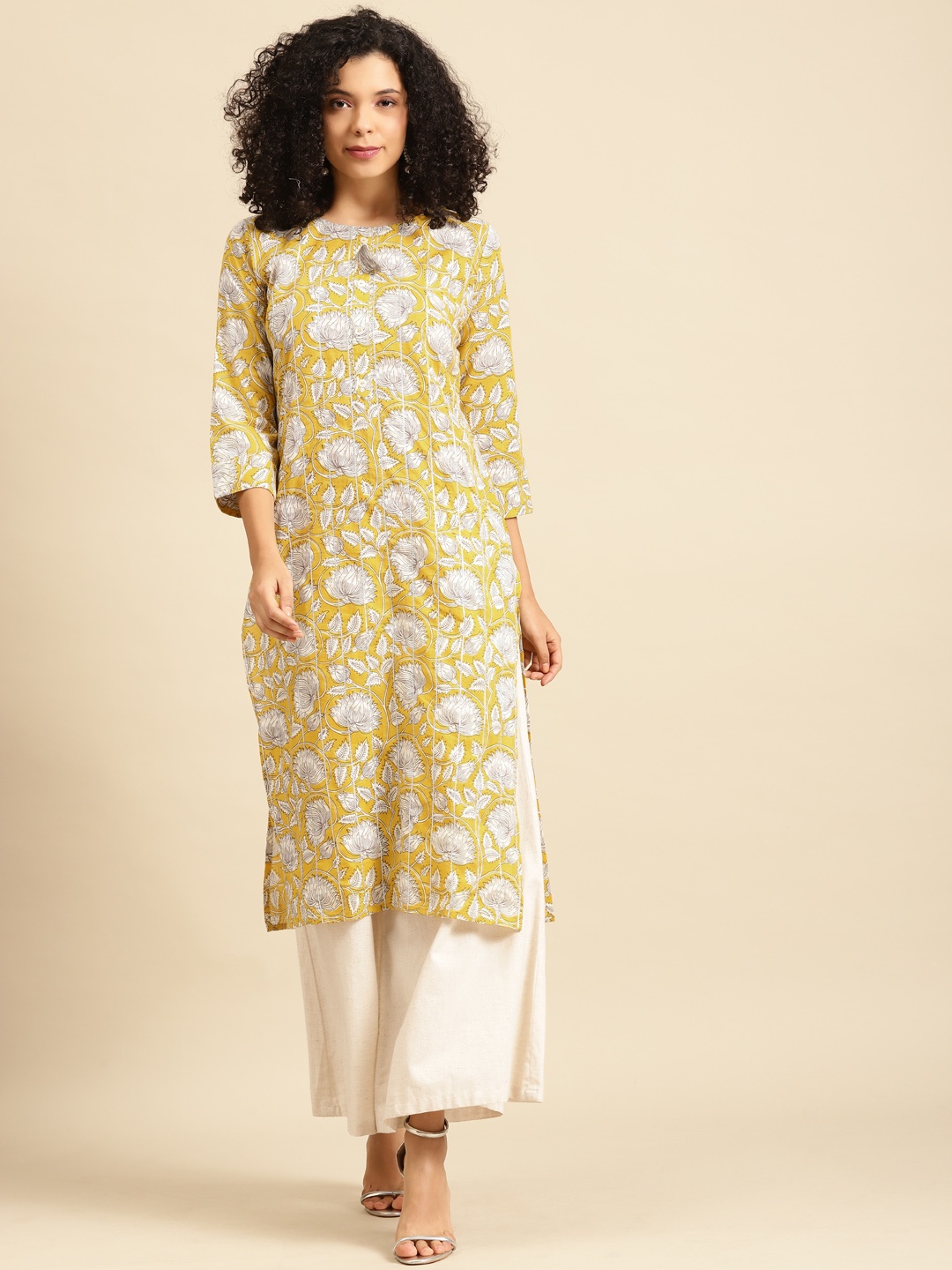 

FASHOR Women Yellow & White Printed Straight Kurta