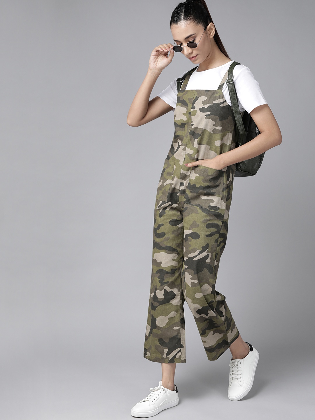 

Roadster Women Olive Green & Beige Camouflage Print Pure Cotton Dungarees