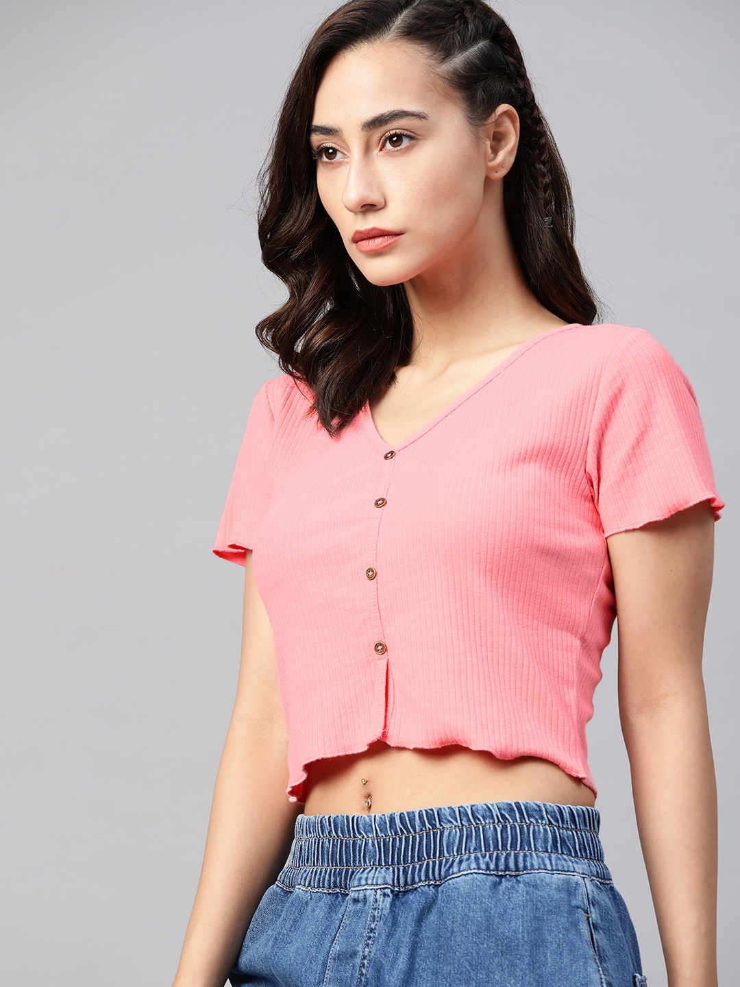 

Roadster Pink Solid Regular Crop Top