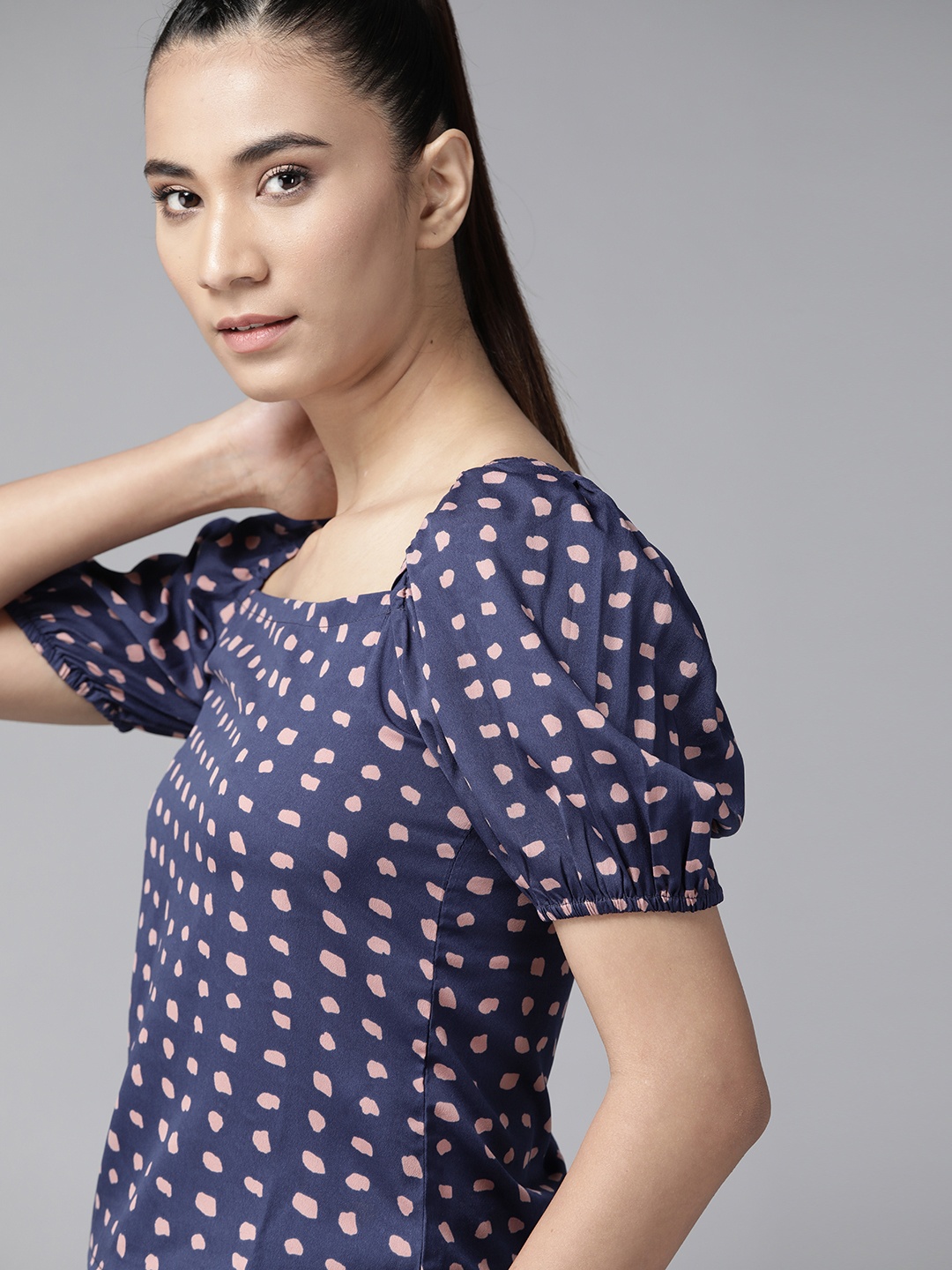

Roadster Navy Blue & Pink Pure Cotton Polka Dot Print Puff Sleeve Regular Top