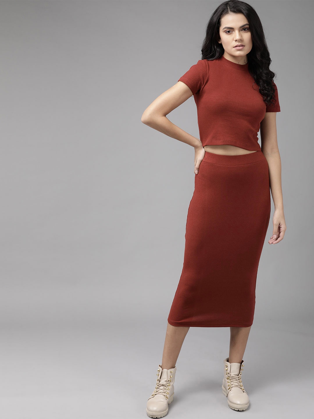 

Roadster Women Maroon Ribbed Co-Ord Set
