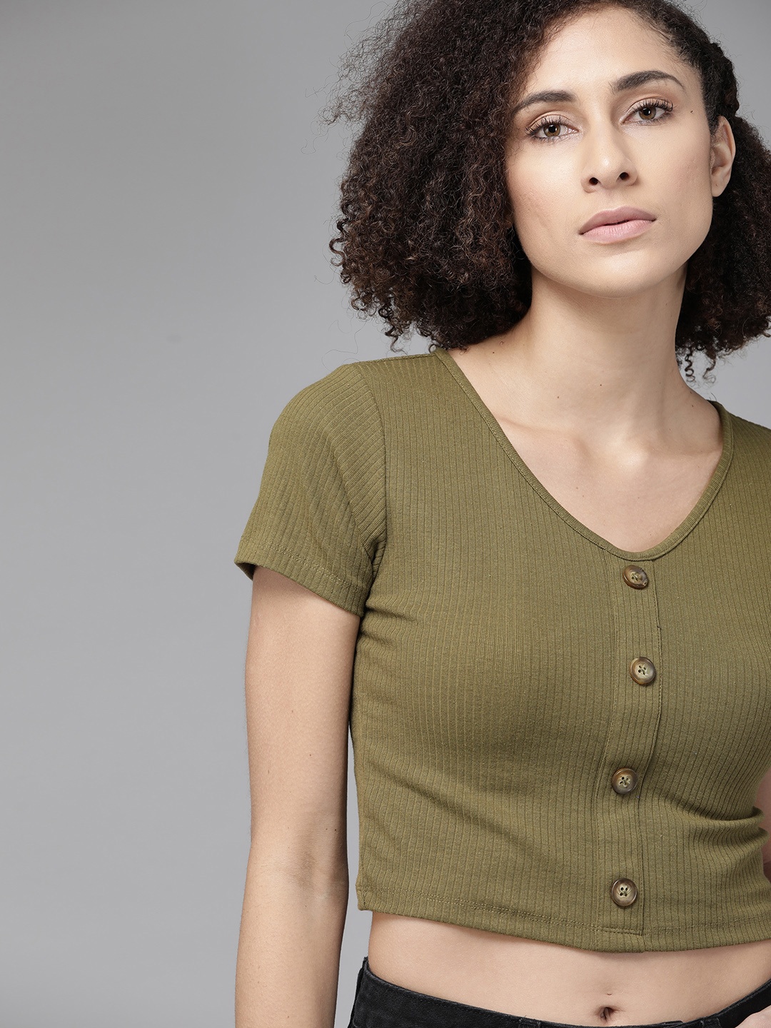 

Roadster Olive Green Ribbed Regular Crop Top
