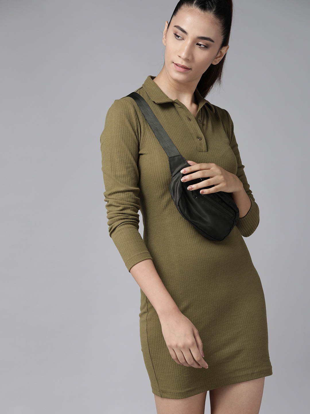 

Roadster Women Olive Green Ribbed Bodycon Dress