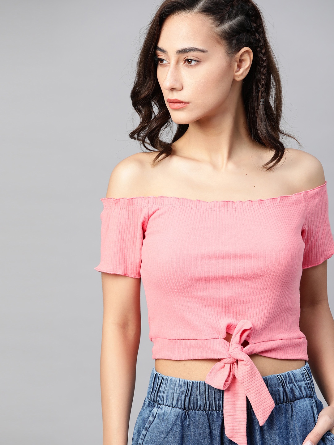 

Roadster Pink solid Off-Shoulder Blouson Crop Top