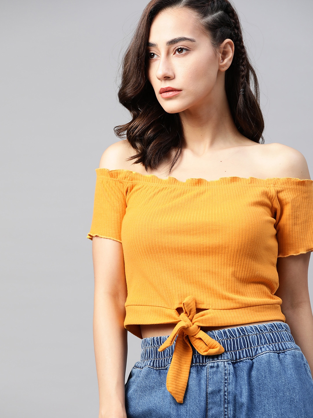 

Roadster Mustard Yellow Off-Shoulder Blouson Top