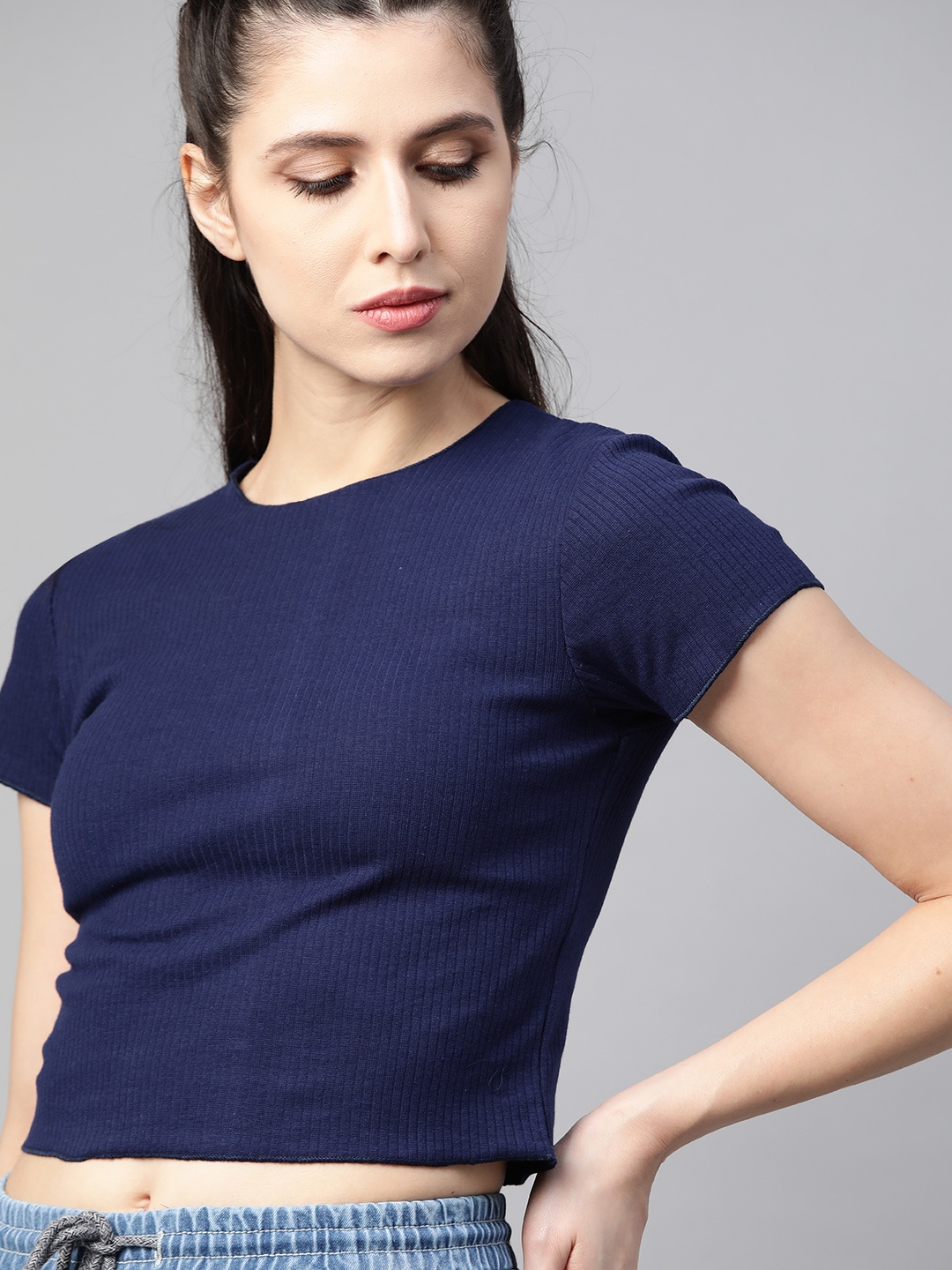 

Roadster Navy Blue Ribbed Fitted Crop Top
