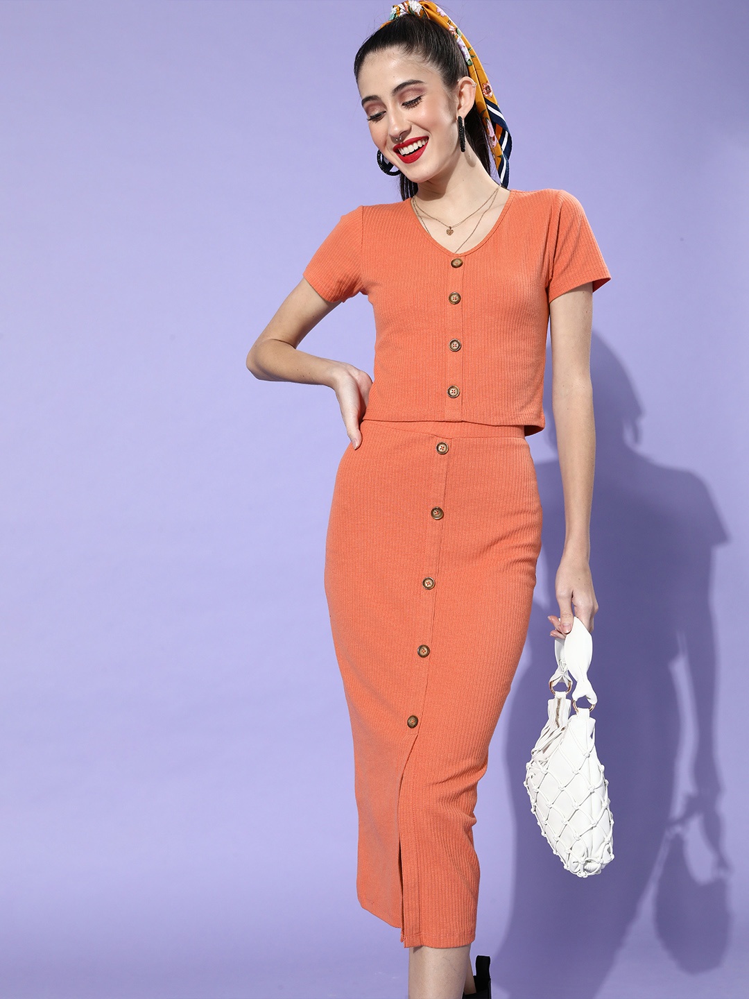 

Roadster Women Orange Solid Bodycon Ribbed Dress