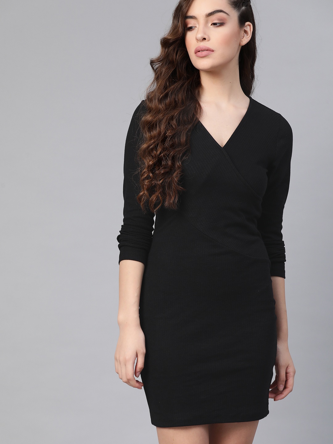 

Roadster Black Solid Ribbed Wrap Dress
