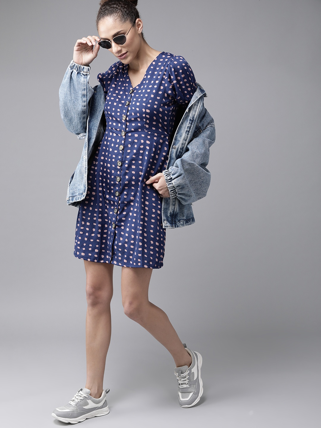 

Roadster Women Navy Blue & Mauve Printed A-Line Dress