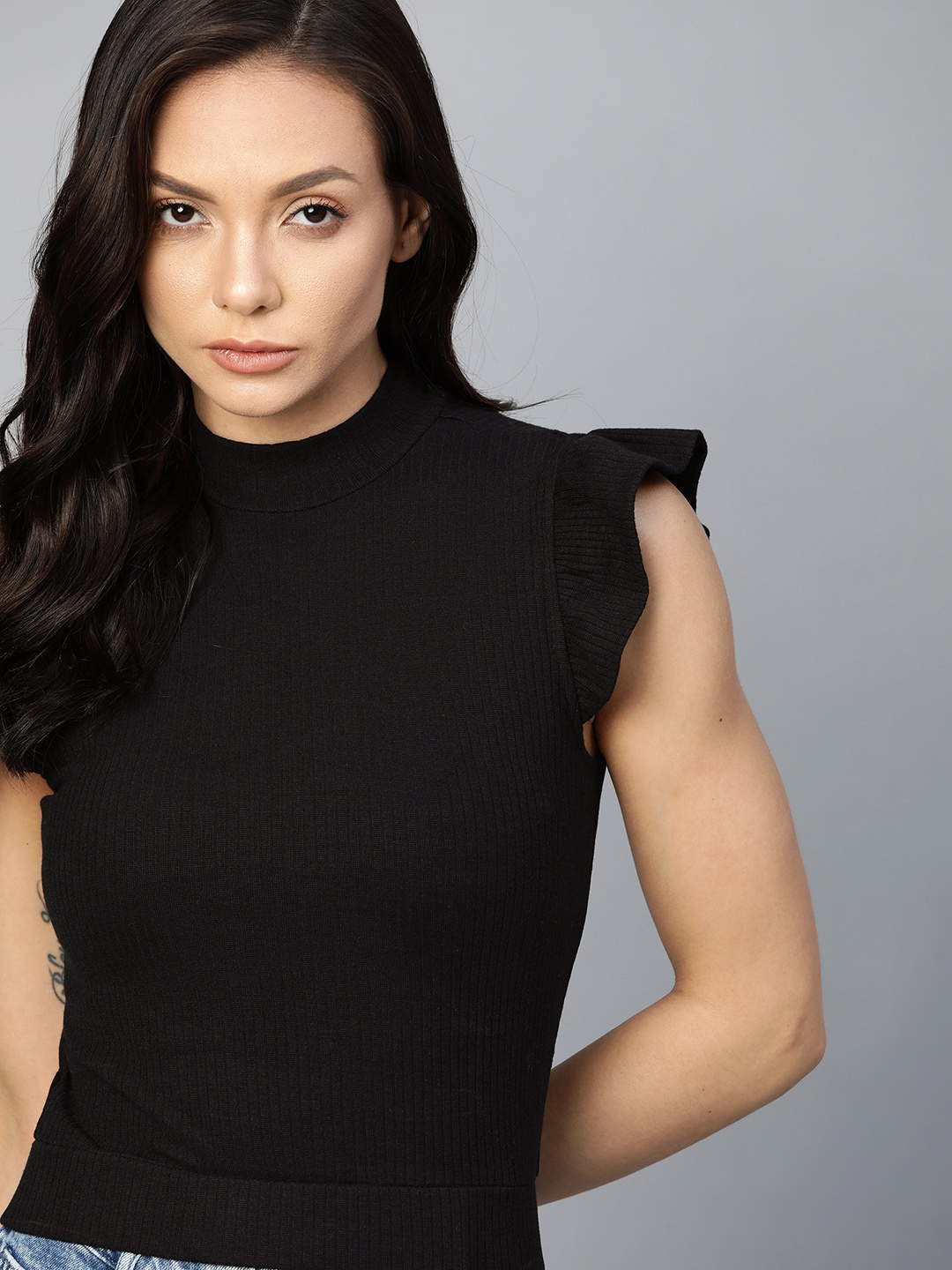 

Roadster Black Striped Ruffles Fitted Top With Ruffles Detail