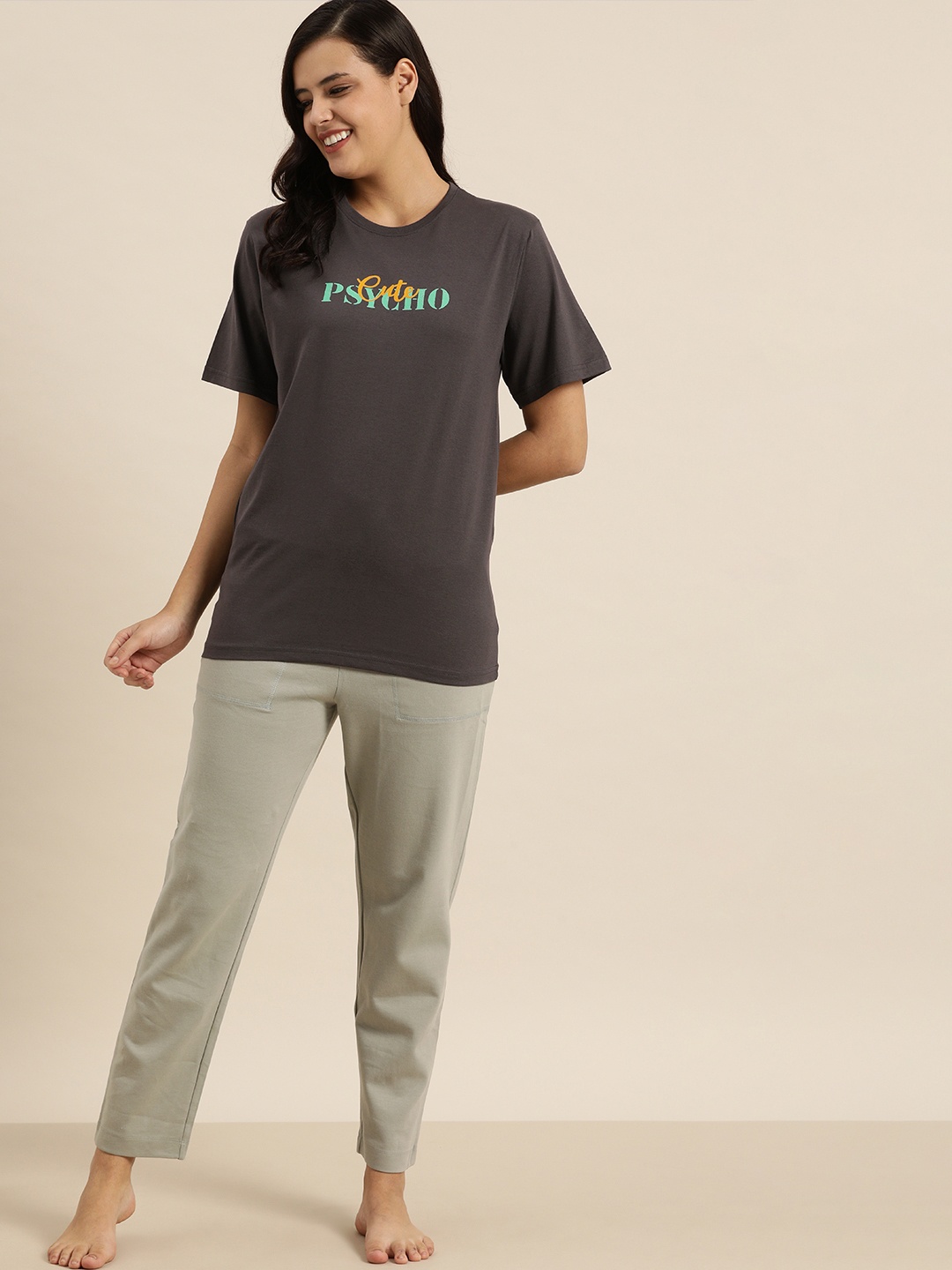 

QUARANTINE Women Charcoal Grey Typography Printed Oversized Lounge T-shirt