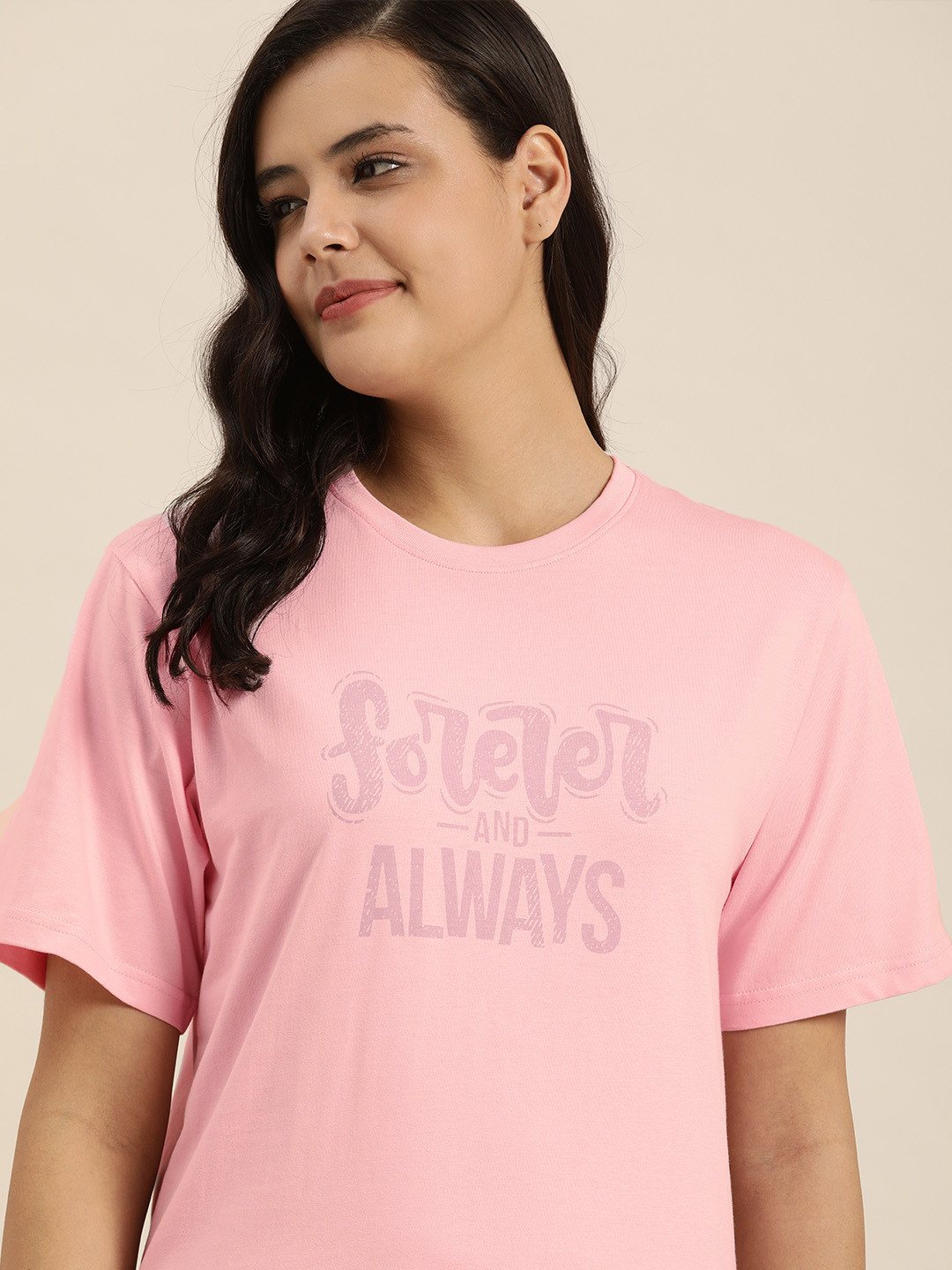 

QUARANTINE Women Pink Typography Printed Oversized Lounge T-shirt