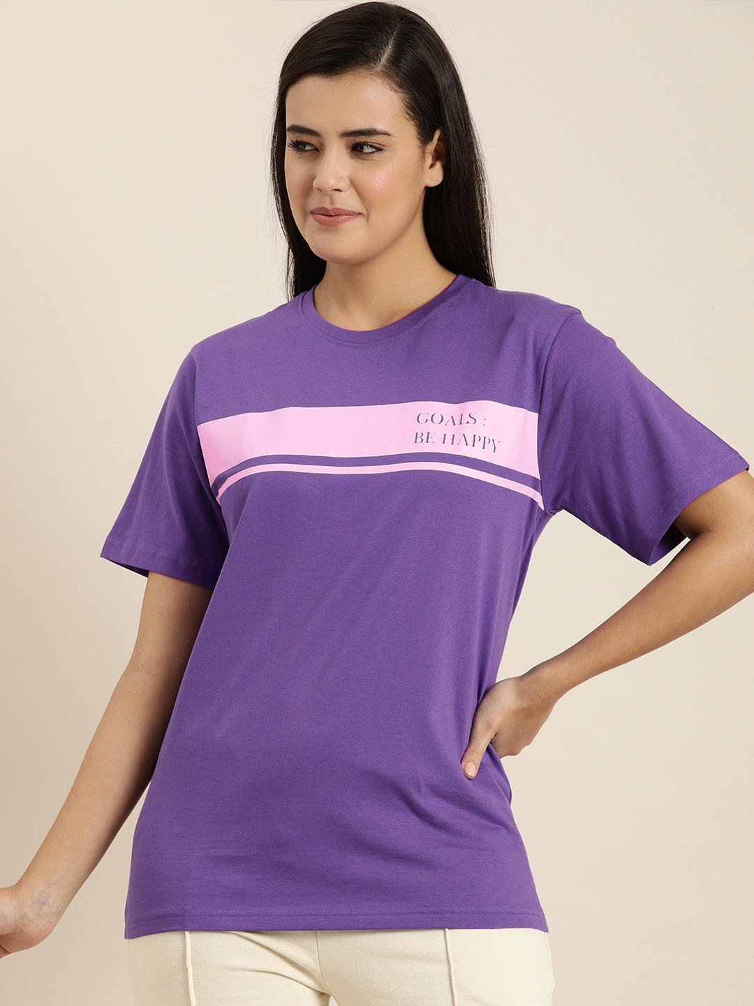 

QUARANTINE Women Purple Typography Printed Oversized Lounge T-shirt