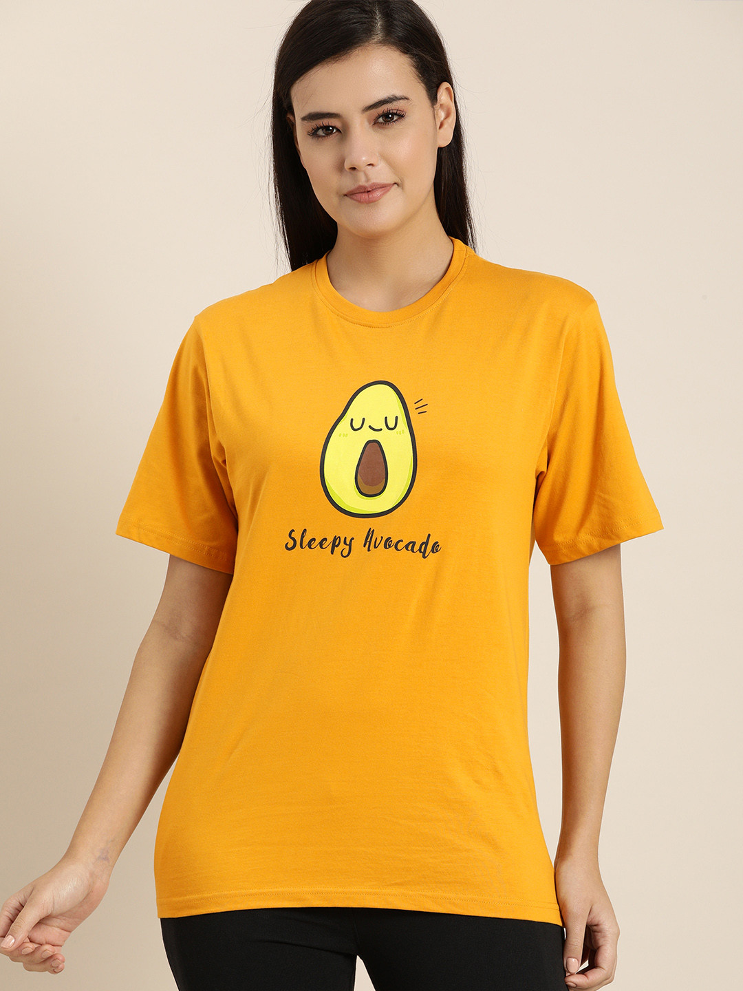 

QUARANTINE Women Mustard Yellow Typography Printed Oversized Lounge T-shirt