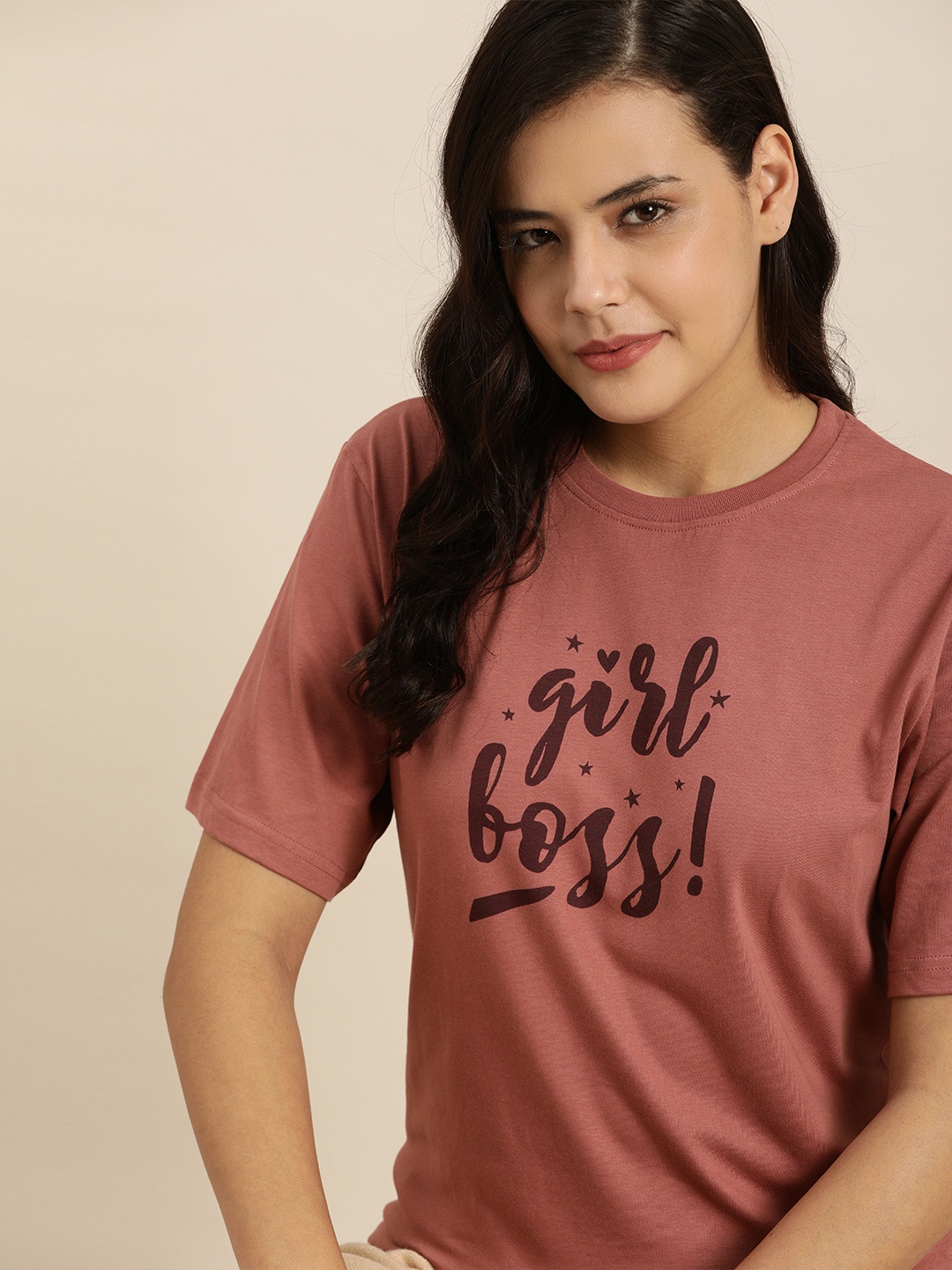 

QUARANTINE Women Mauve Typography Printed Oversized Lounge T-shirt