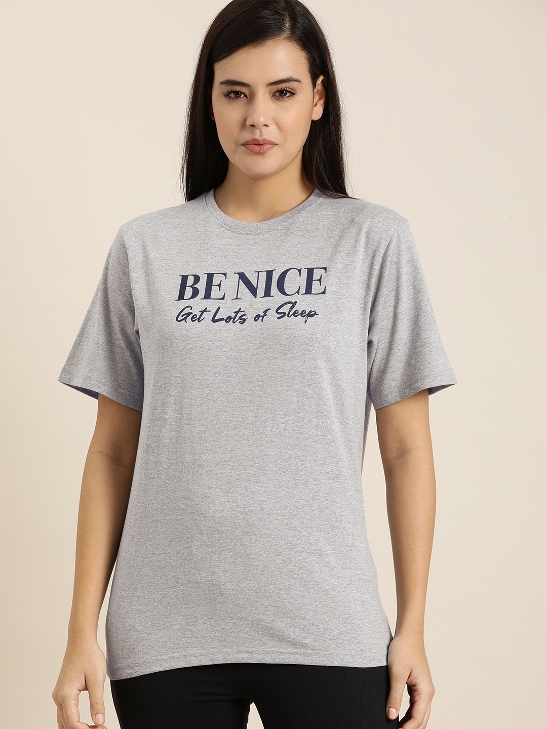

QUARANTINE Women Grey Melange Typography Printed Oversized Lounge T-shirt