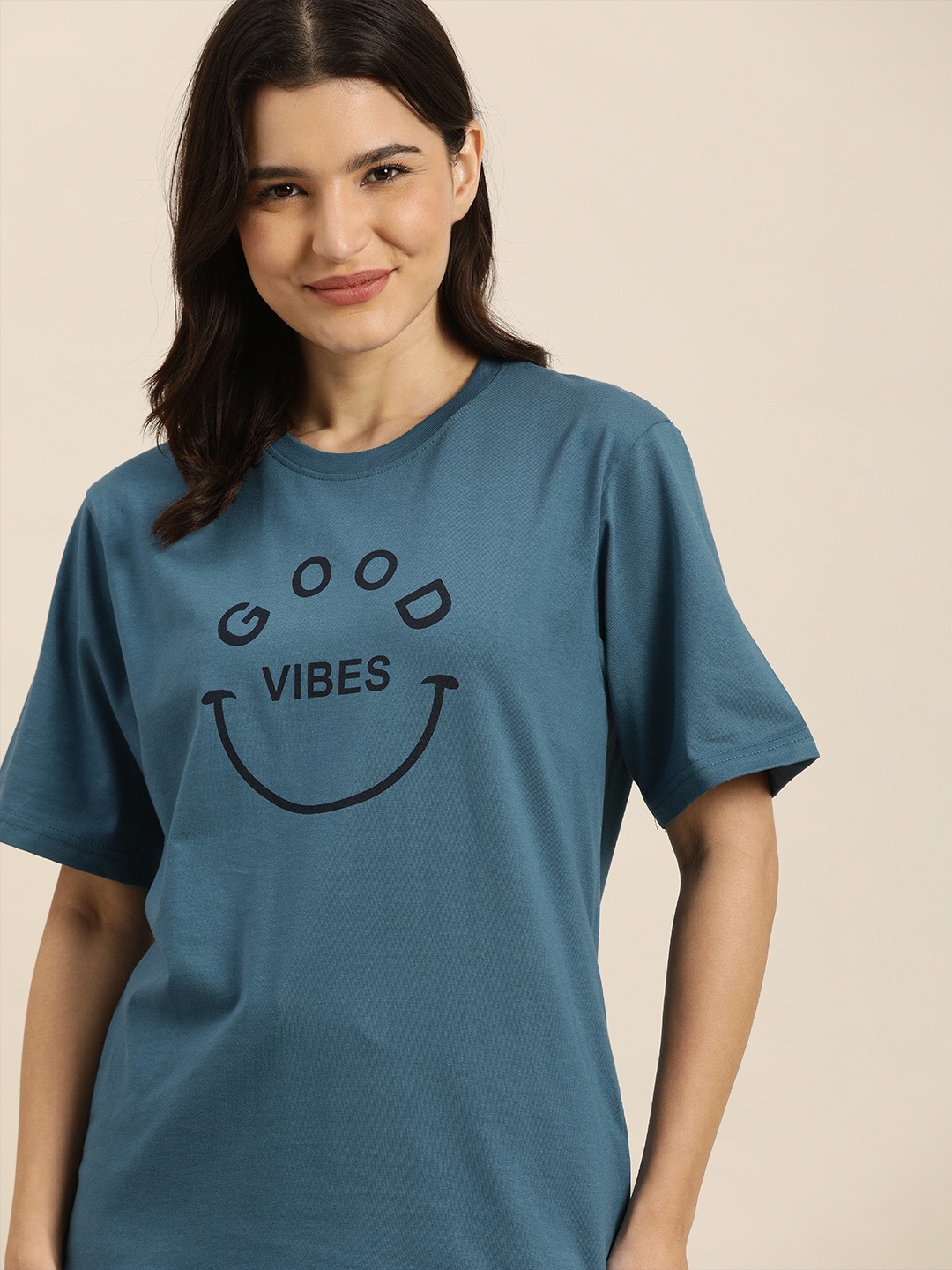 

QUARANTINE Women Teal Blue Typography Printed Oversized Lounge T-shirt