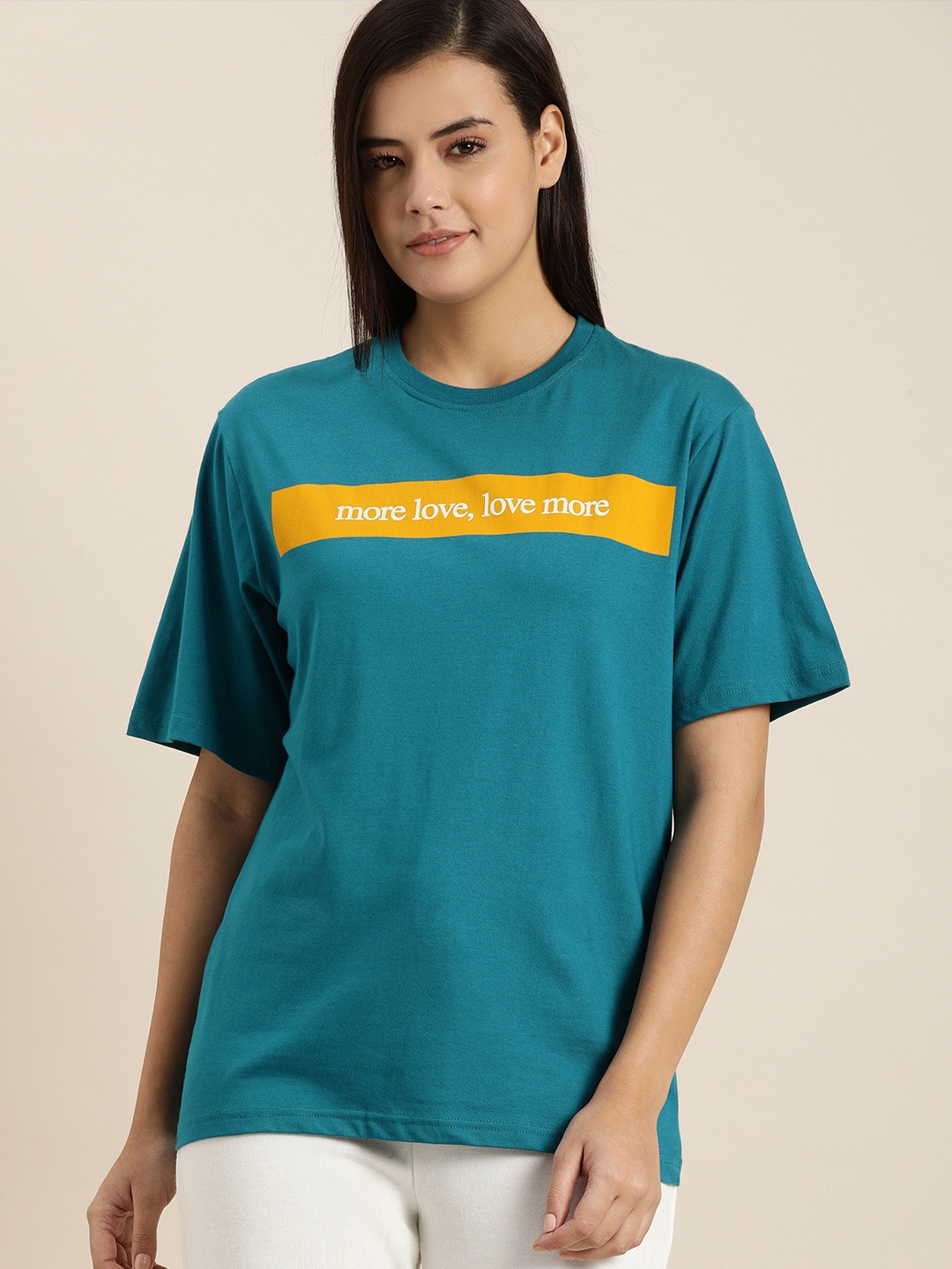 

QUARANTINE Women Blue Typography Printed Oversized Pure Cotton T-shirt