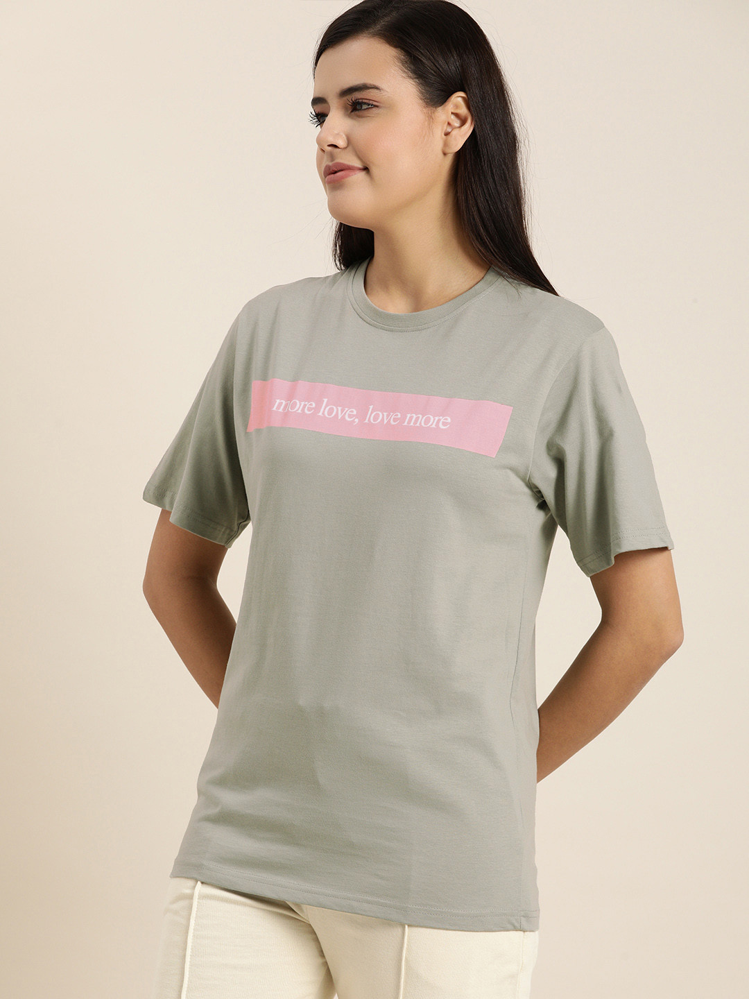 

QUARANTINE Women Grey Typography Printed Loose Pure Cotton T-shirt