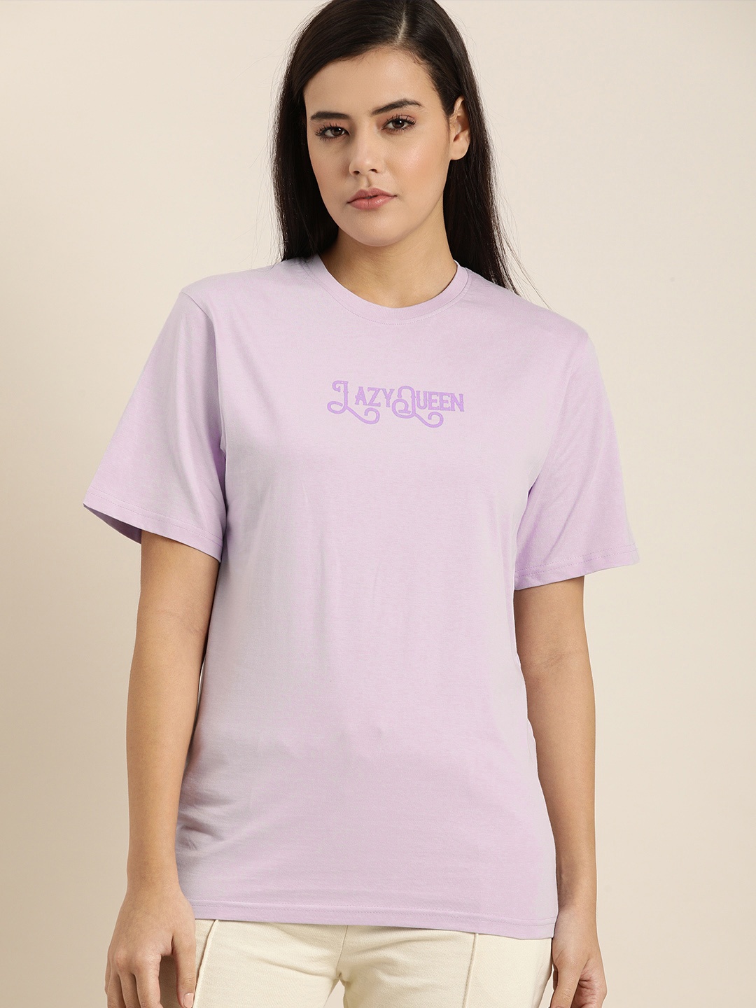 

QUARANTINE Women Lavender Typography Printed Loose Pure Cotton T-shirt