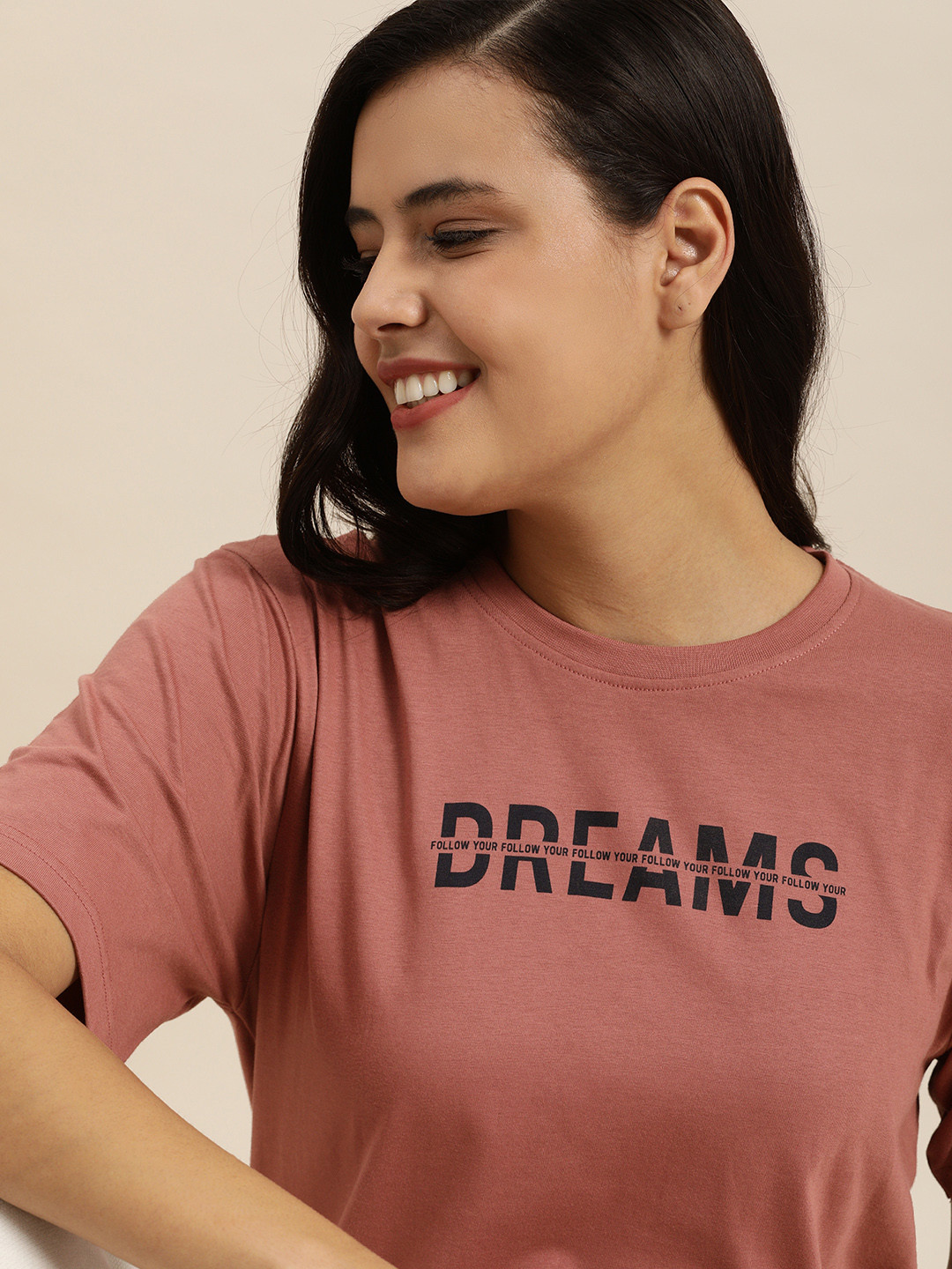 

QUARANTINE Women Mauve Typography Printed Oversized Lounge T-shirt
