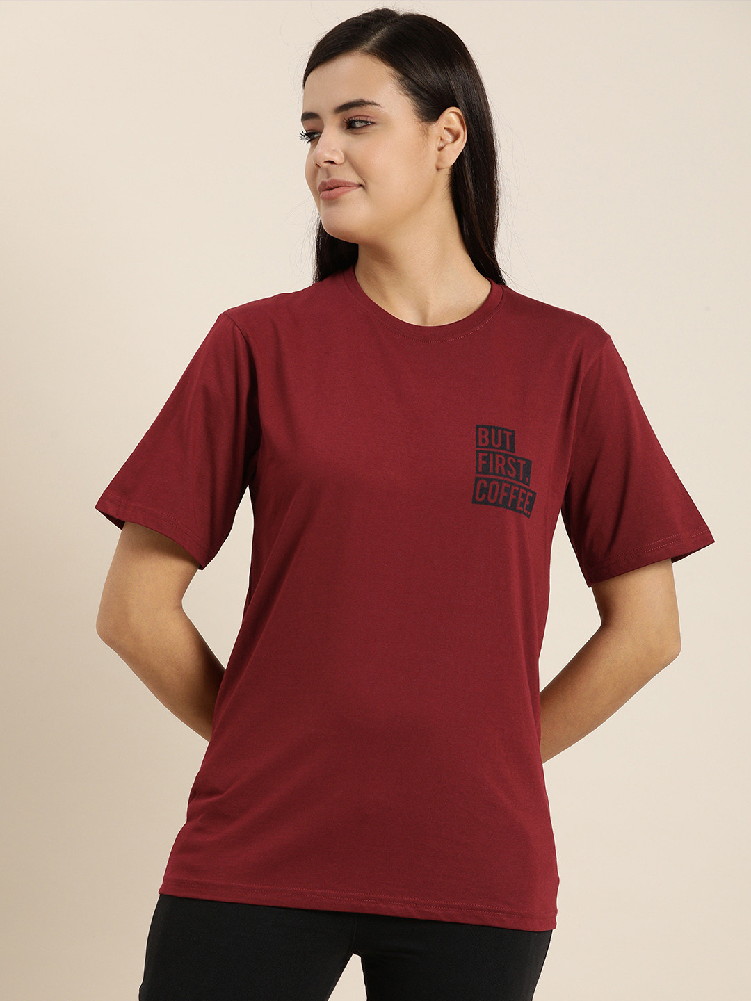 

QUARANTINE Women Maroon Black Printed Loose Pure Cotton T-shirt