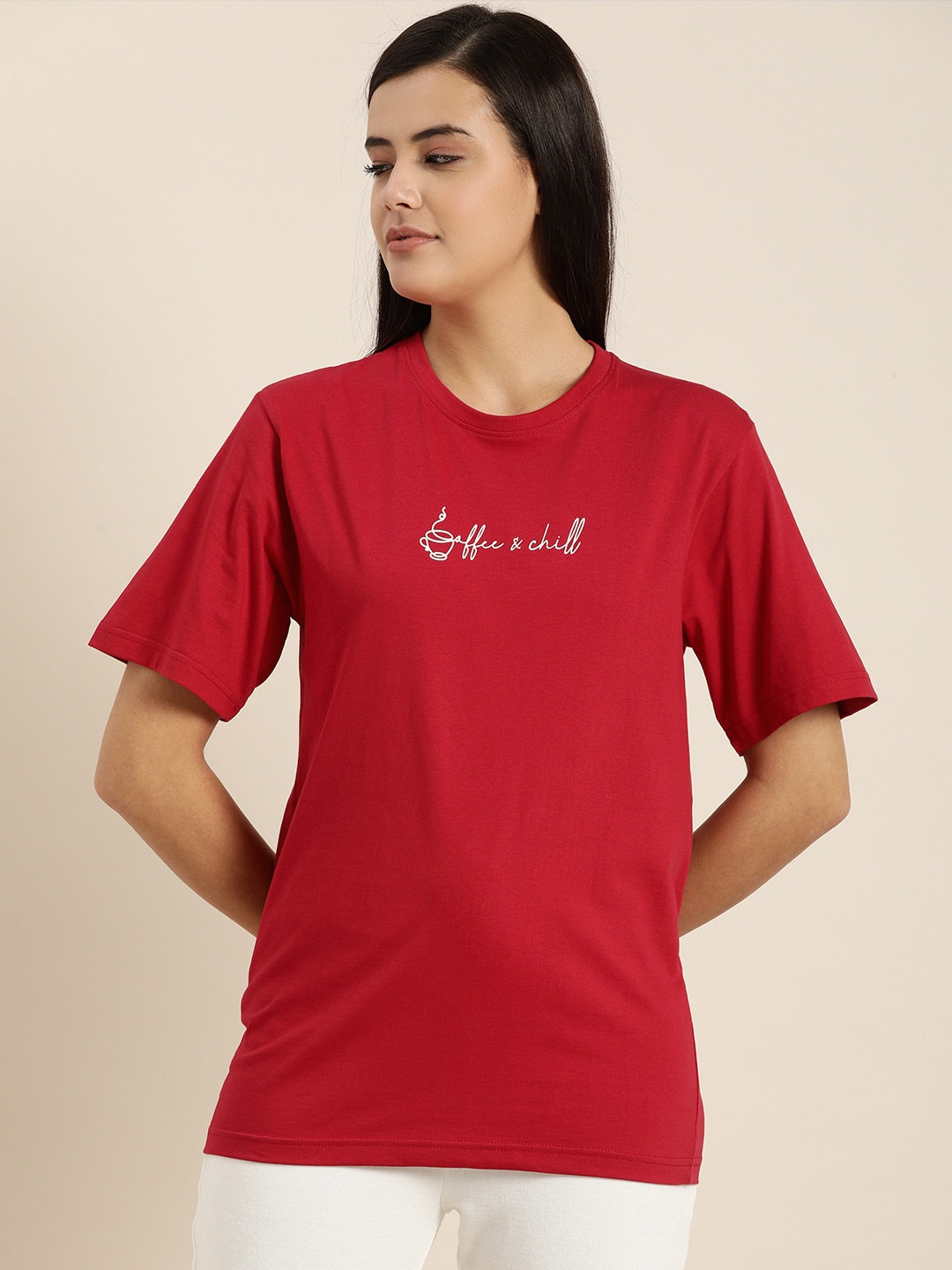

QUARANTINE Women Red & White Printed Loose T-shirt