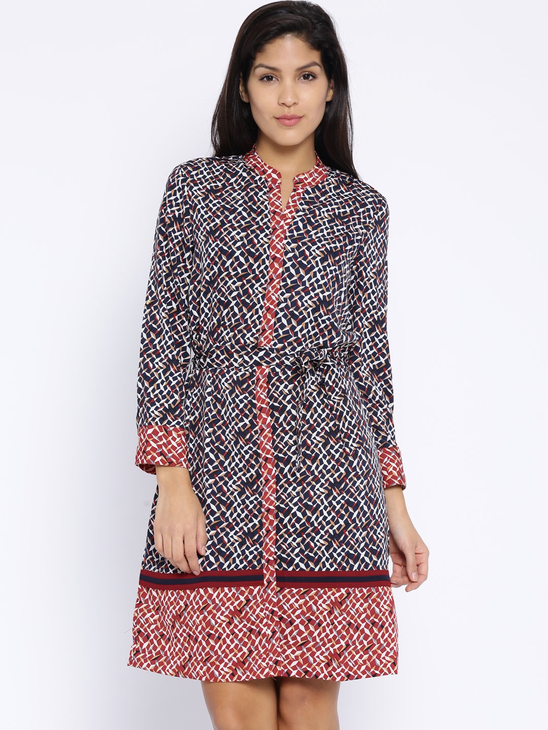 

Tokyo Talkies Navy & Red Printed A-Line Dress, Navy blue