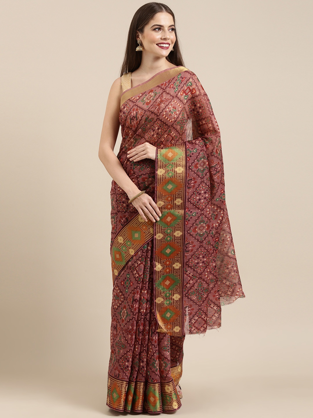 

Mitera Pink & Green Silk Cotton Printed Saree