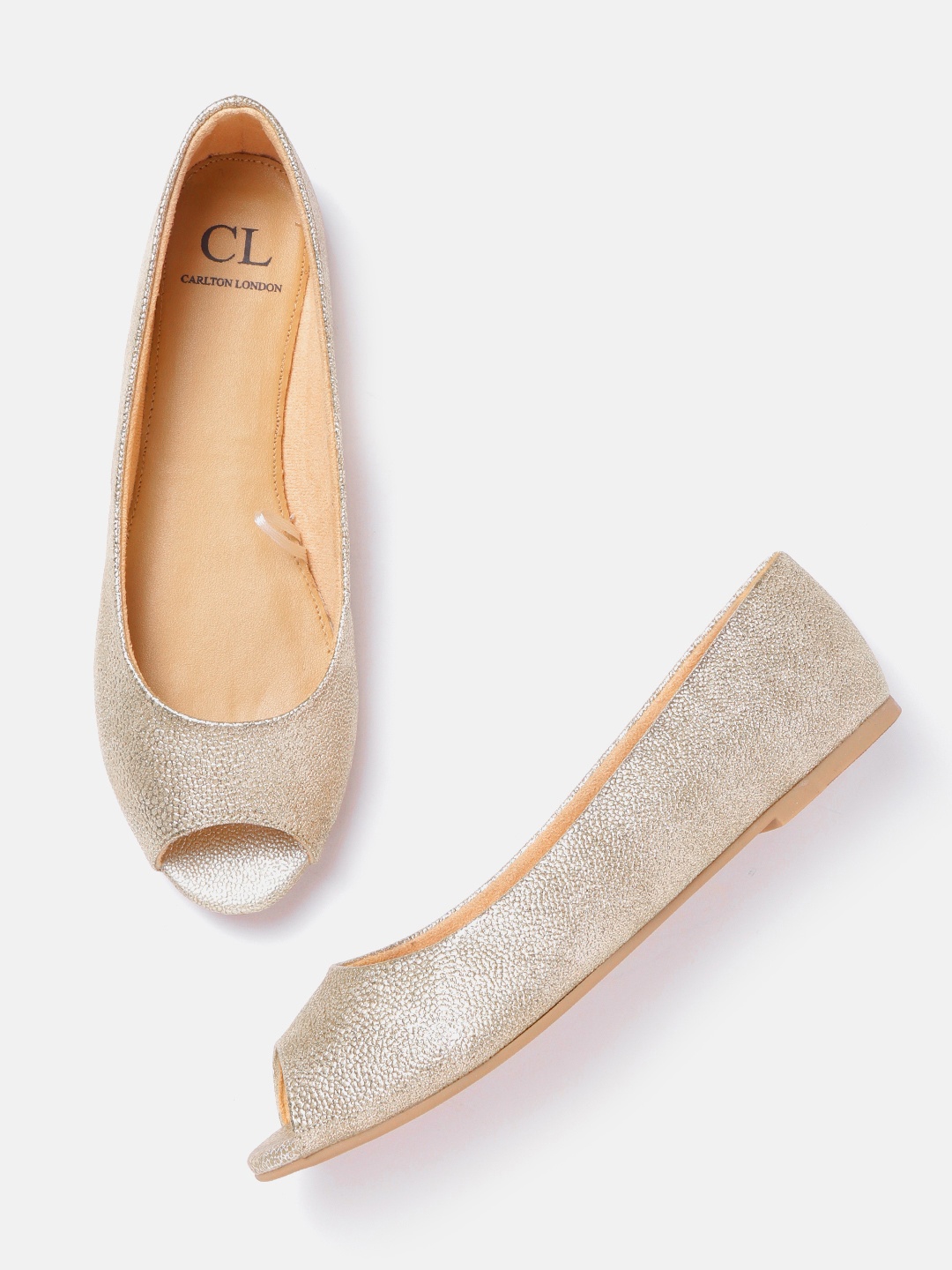 

Carlton London Women Gold-Toned Textured Peep Toe Ballerinas