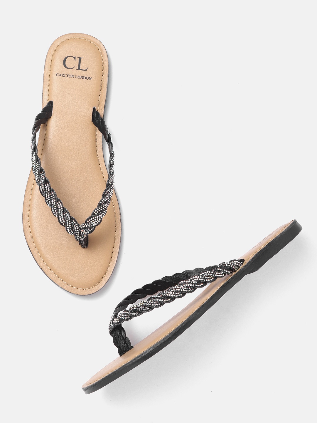 

Carlton London Women Black & Silver-Toned Embellished Open Toe Flats