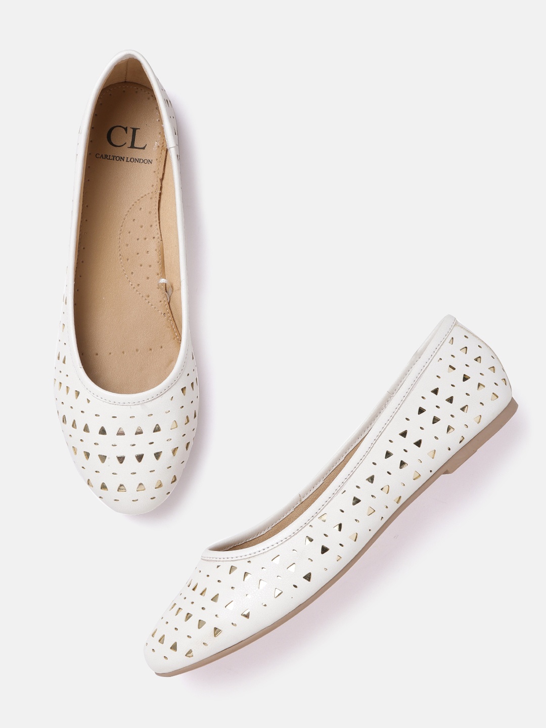 

Carlton London Women White & Gold-Toned Cut Work Ballerinas