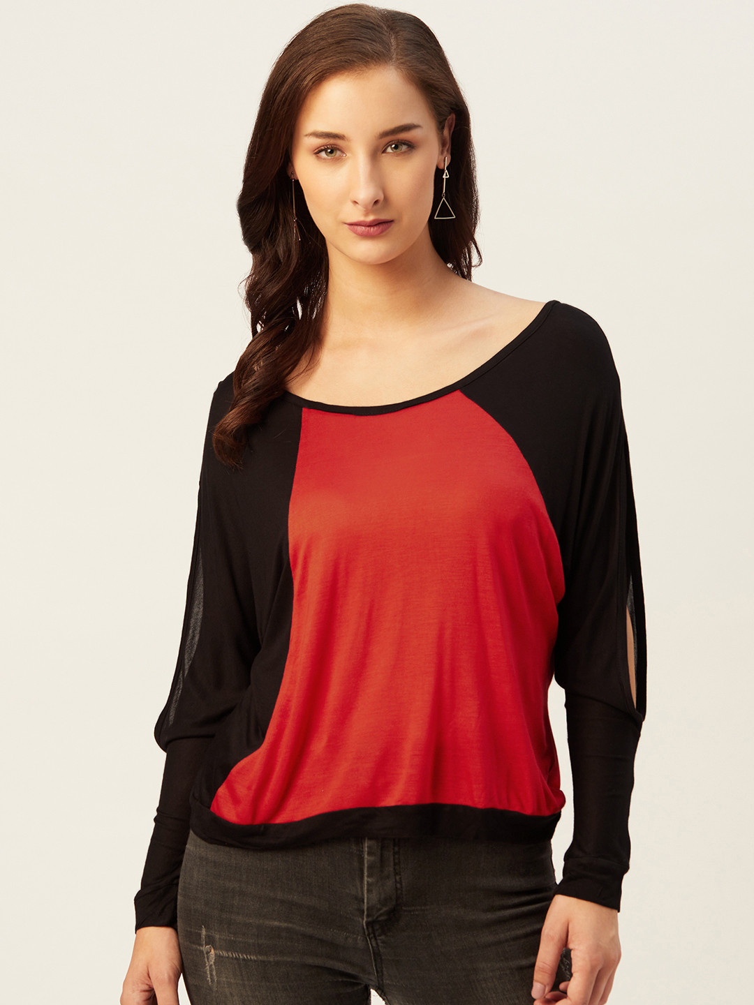 

Belle Fille Red & Black Colourblocked Regular Top With Cut Outs