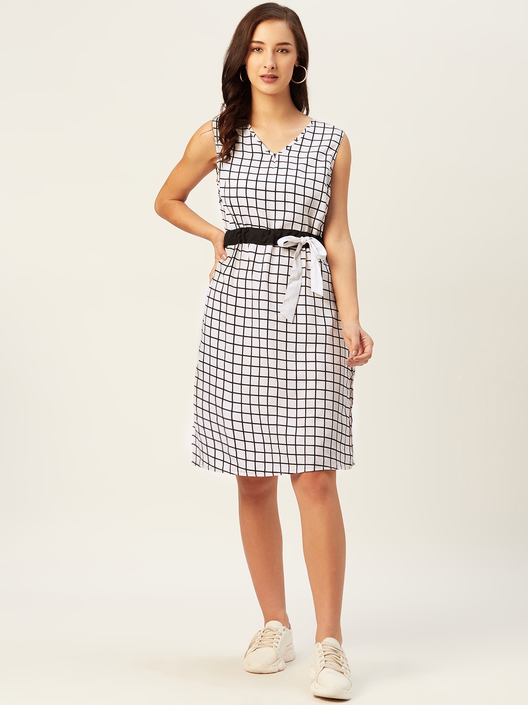 

Belle Fille Women White & Black Checked A-Line Dress with Tie-Ups