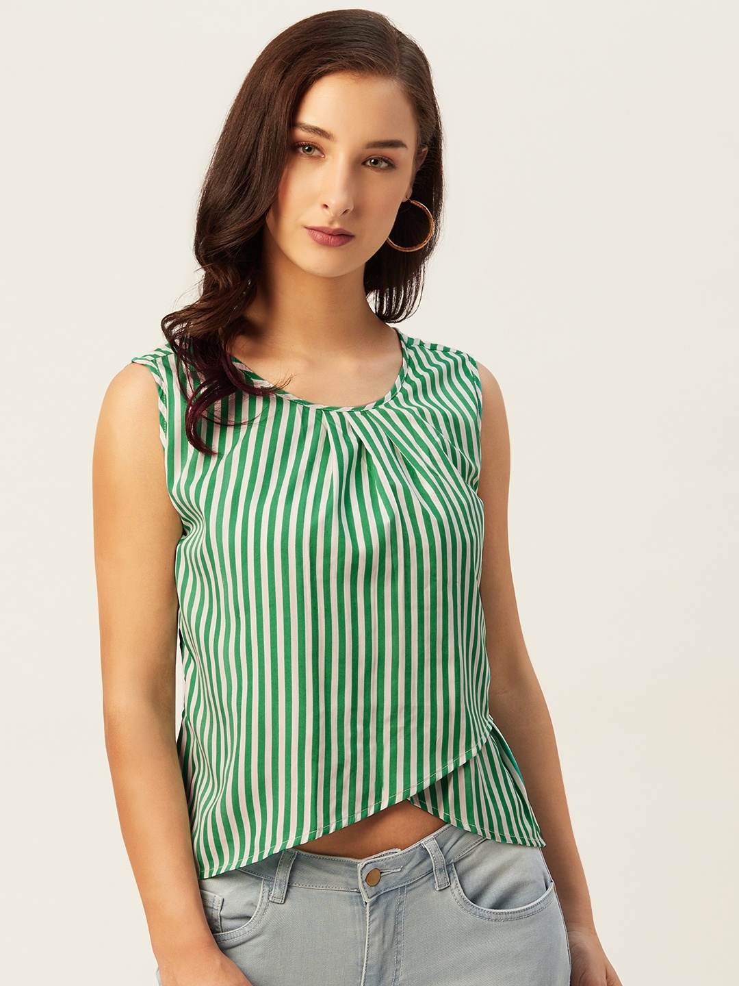 

Belle Fille White & Green Striped High Low Crop Top