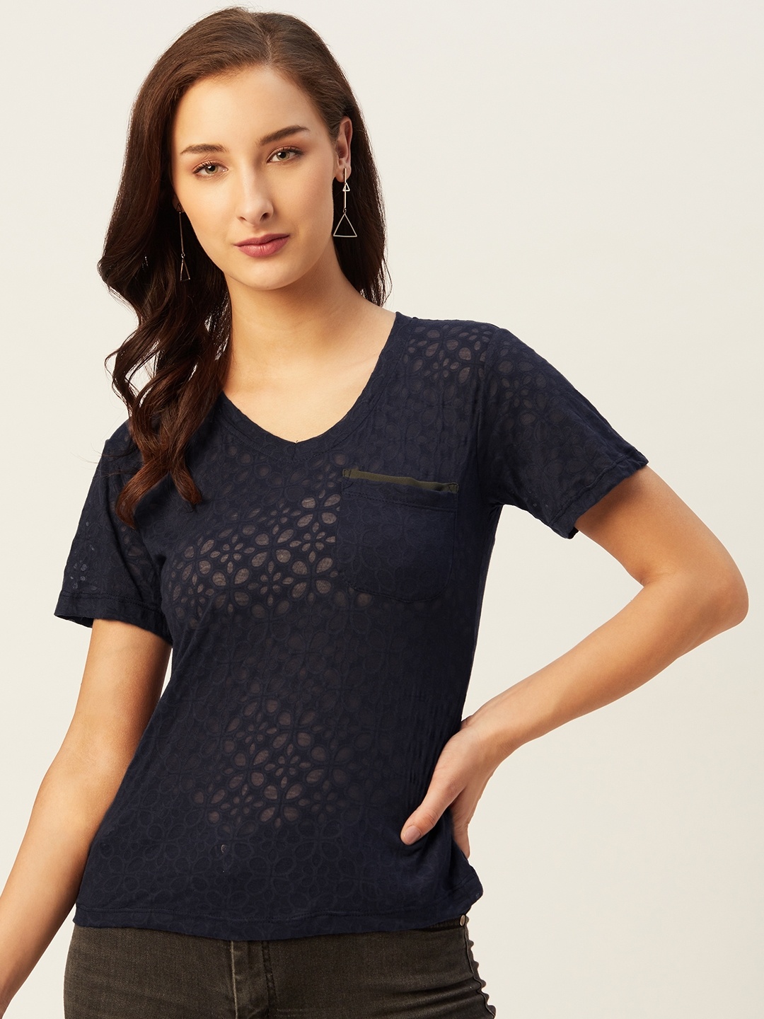 

Belle Fille Navy Blue Semi-Sheer Regular Top