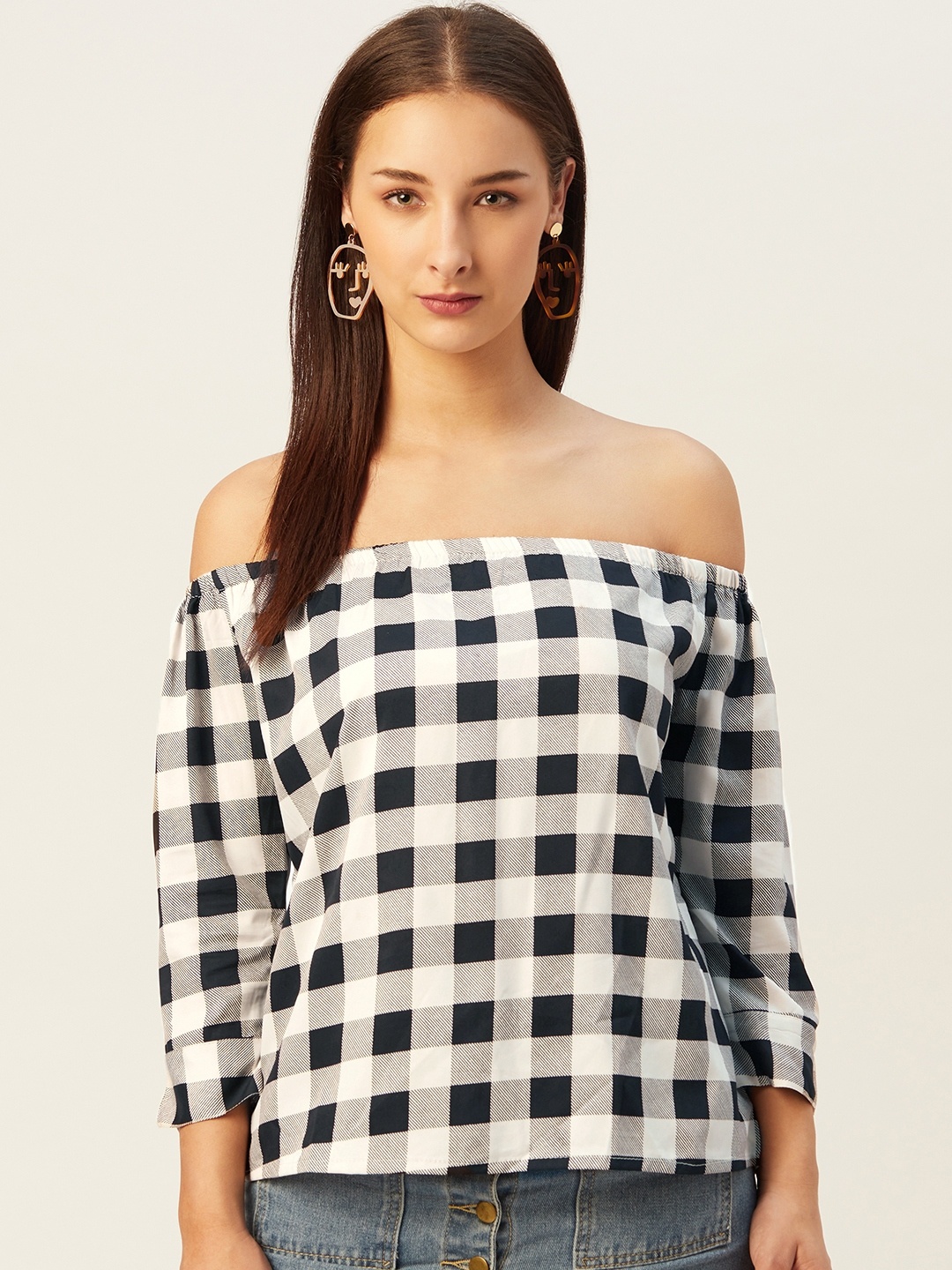 

Belle Fille Black & White Checked Off-Shoulder Puff Sleeves Monochrome Bardot Top