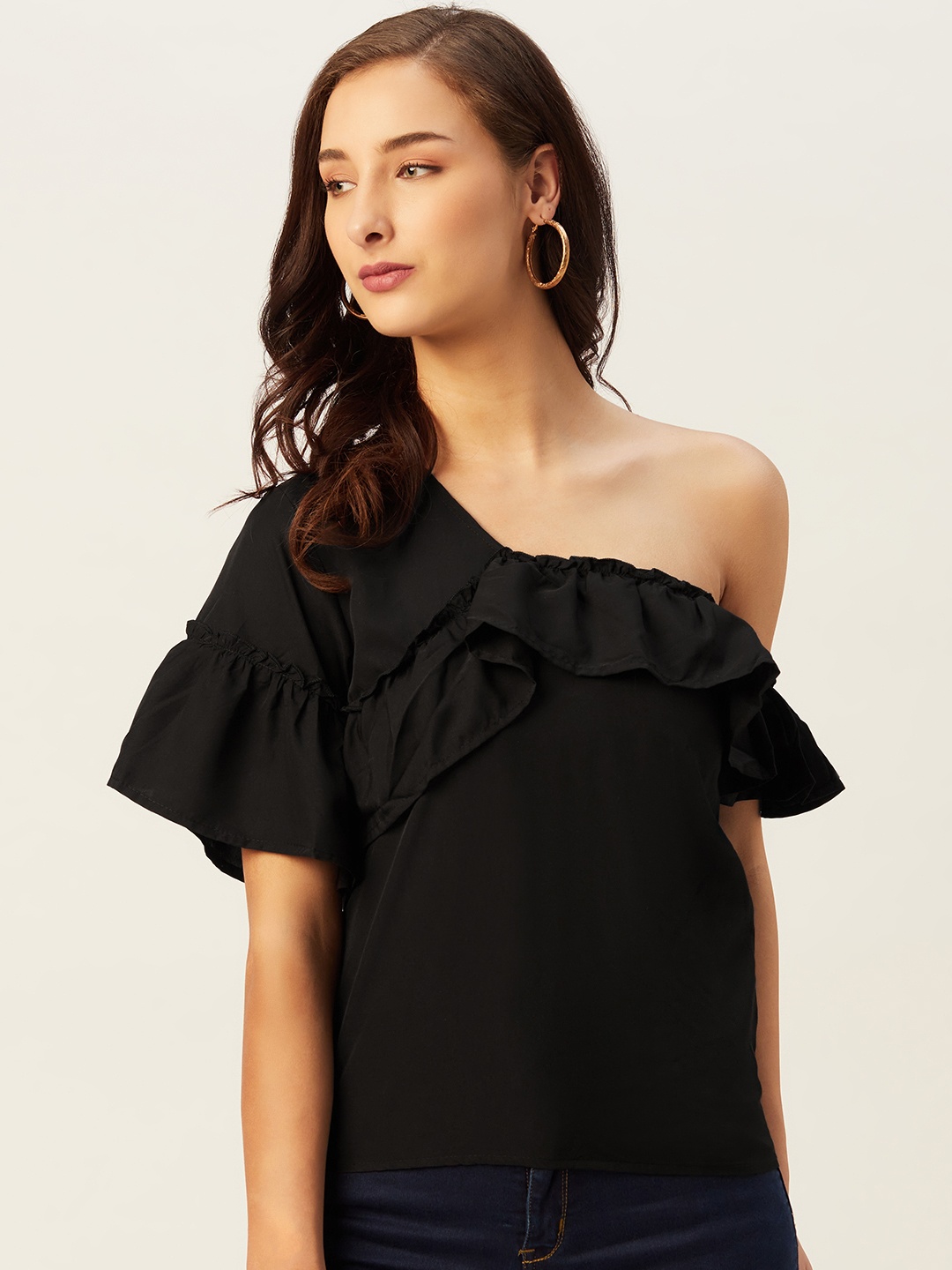 

Belle Fille Black One Shoulder Flared Sleeves Regular Top