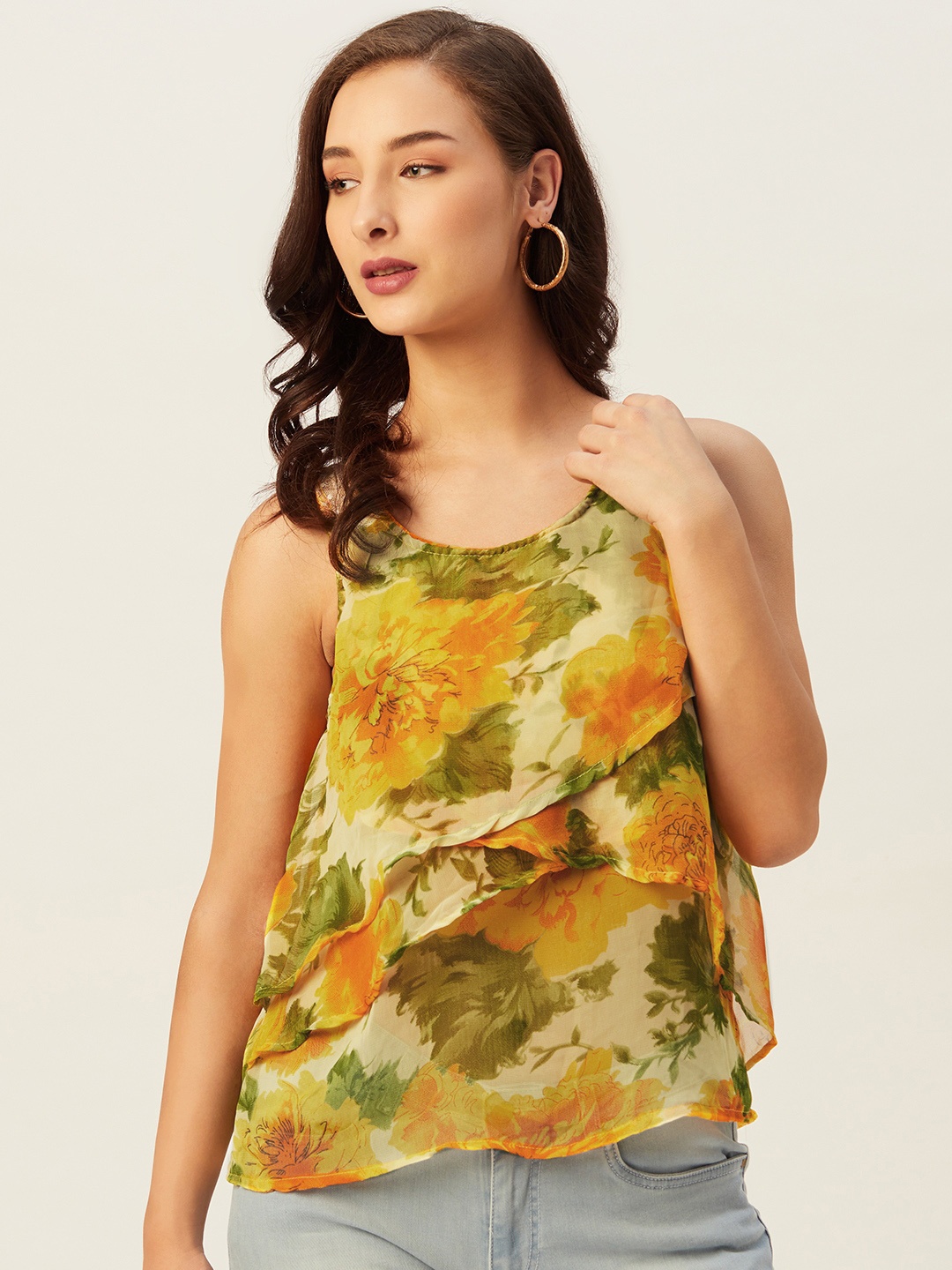

Belle Fille Yellow & Green Floral Printed Layered Georgette Regular Top