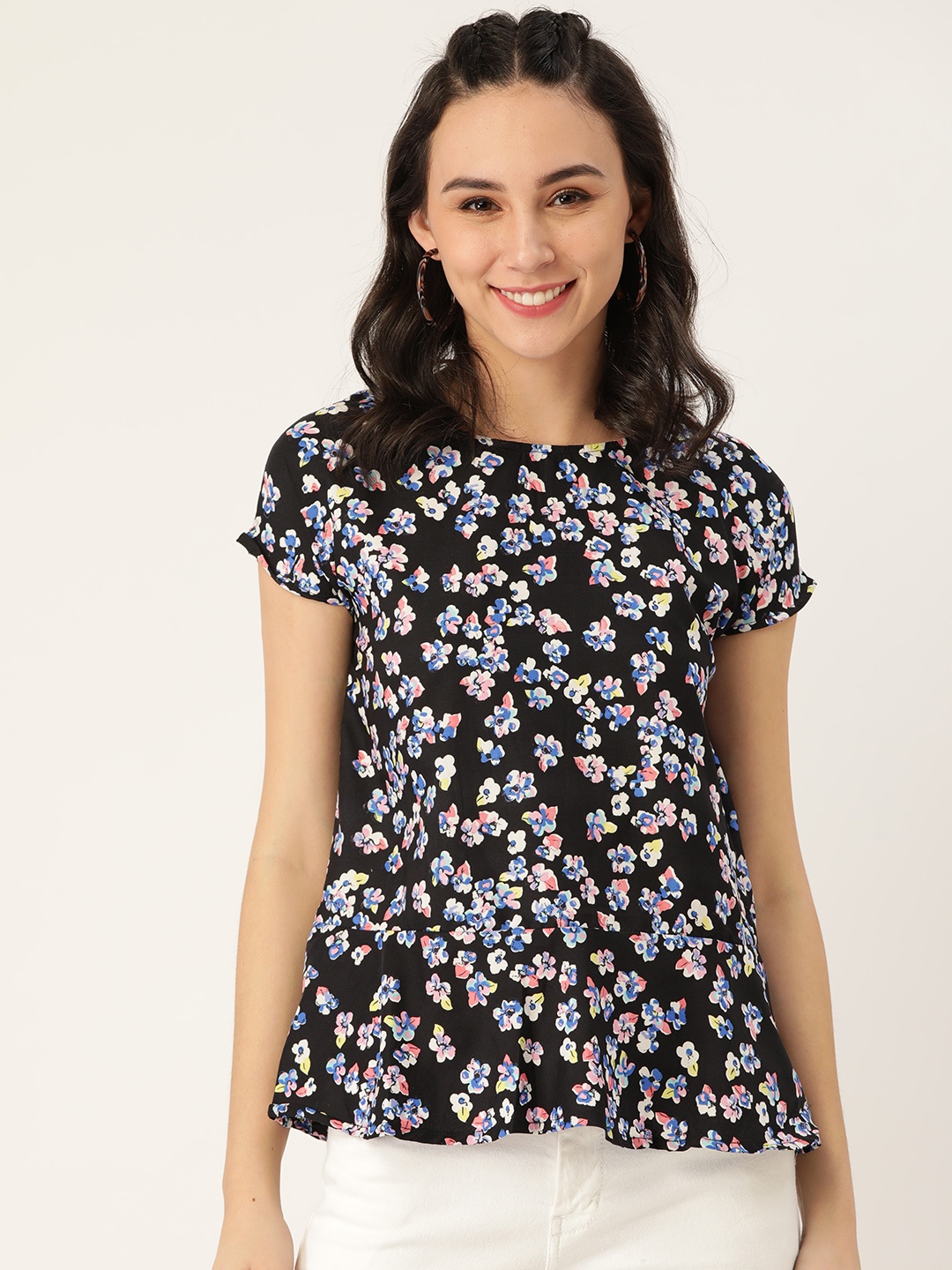 

Belle Fille Black & Blue Floral Printed A-Line Top