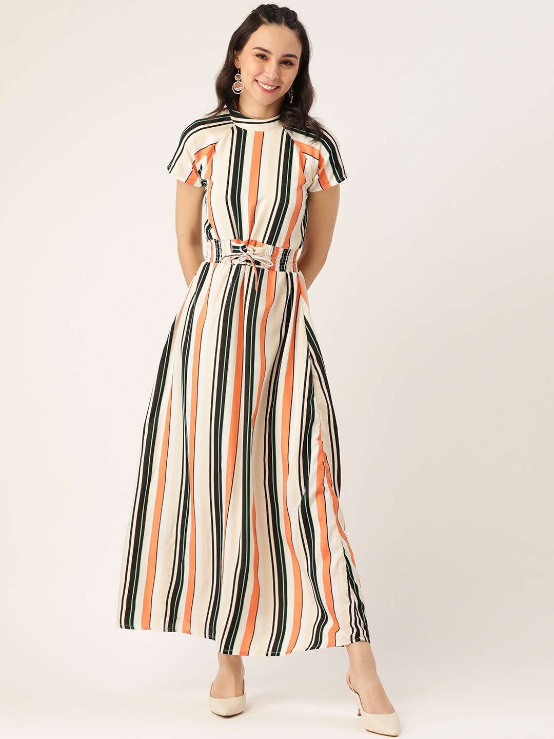 

Belle Fille Women Cream-Coloured & Peach-Coloured Pure Cotton Striped Maxi Dress