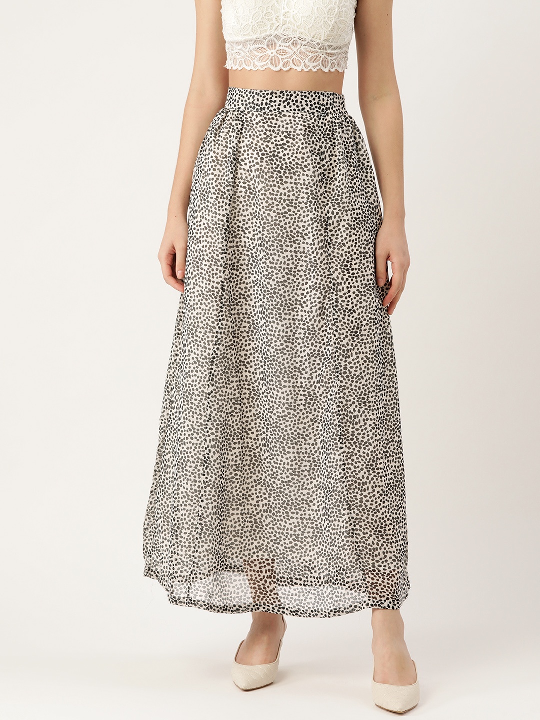 

Belle Fille Women Off-White & Black Printed Flared Maxi Skirt