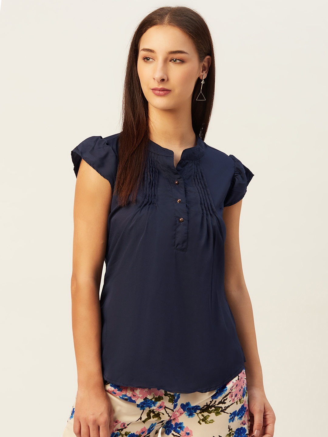 

Belle Fille Navy Blue Mandarin Collar Crepe Regular Top