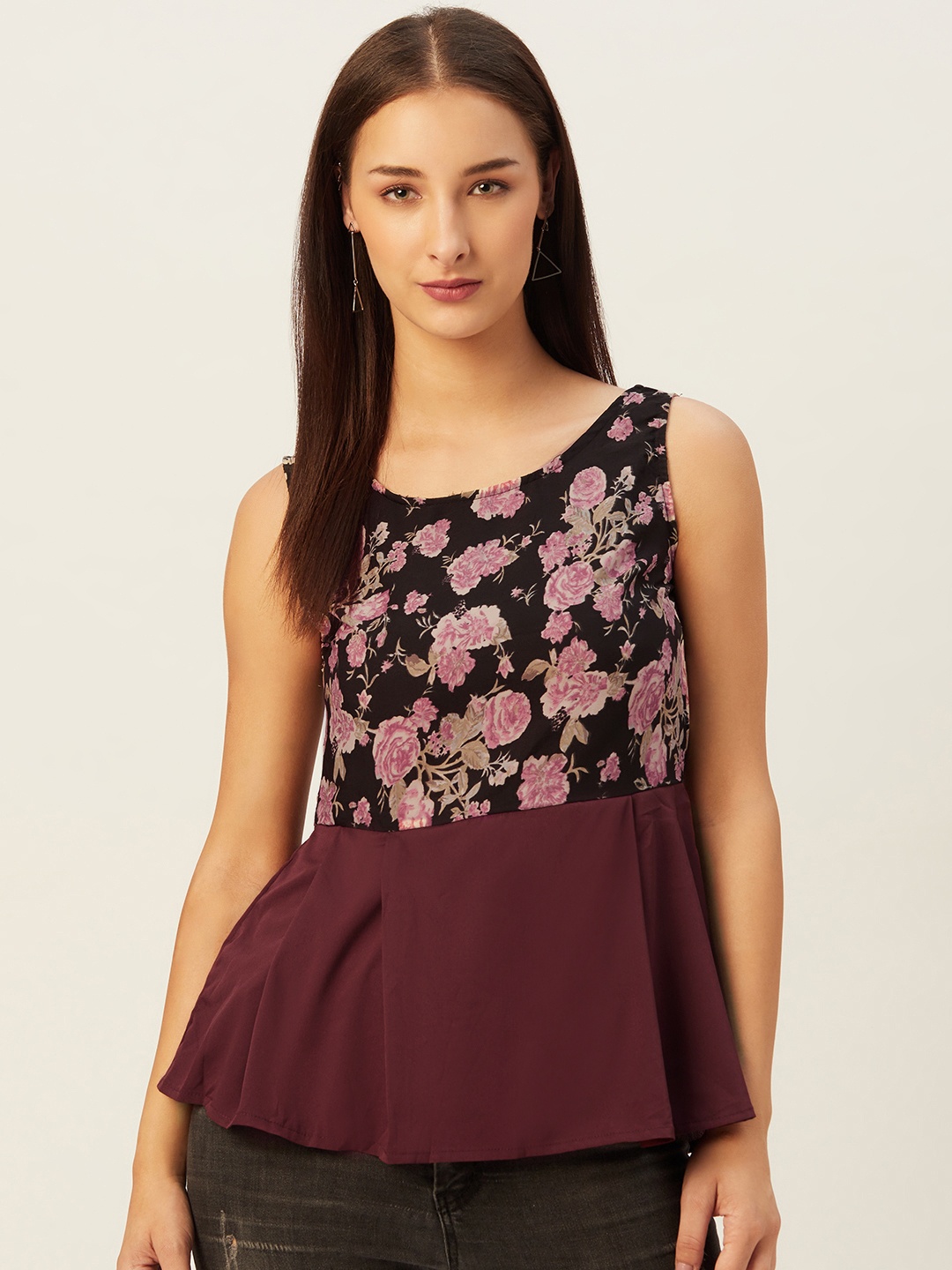 

Belle Fille Black & Pink Floral Printed Georgette A-Line Top