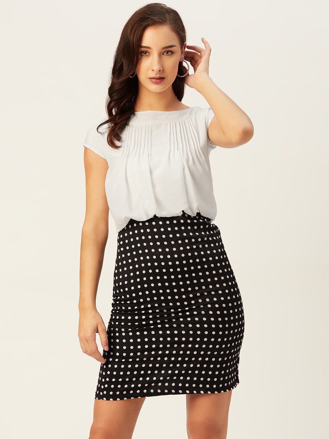 

Belle Fille Women White & Black Polka Dot Print Blouson Dress with Pleated Detail