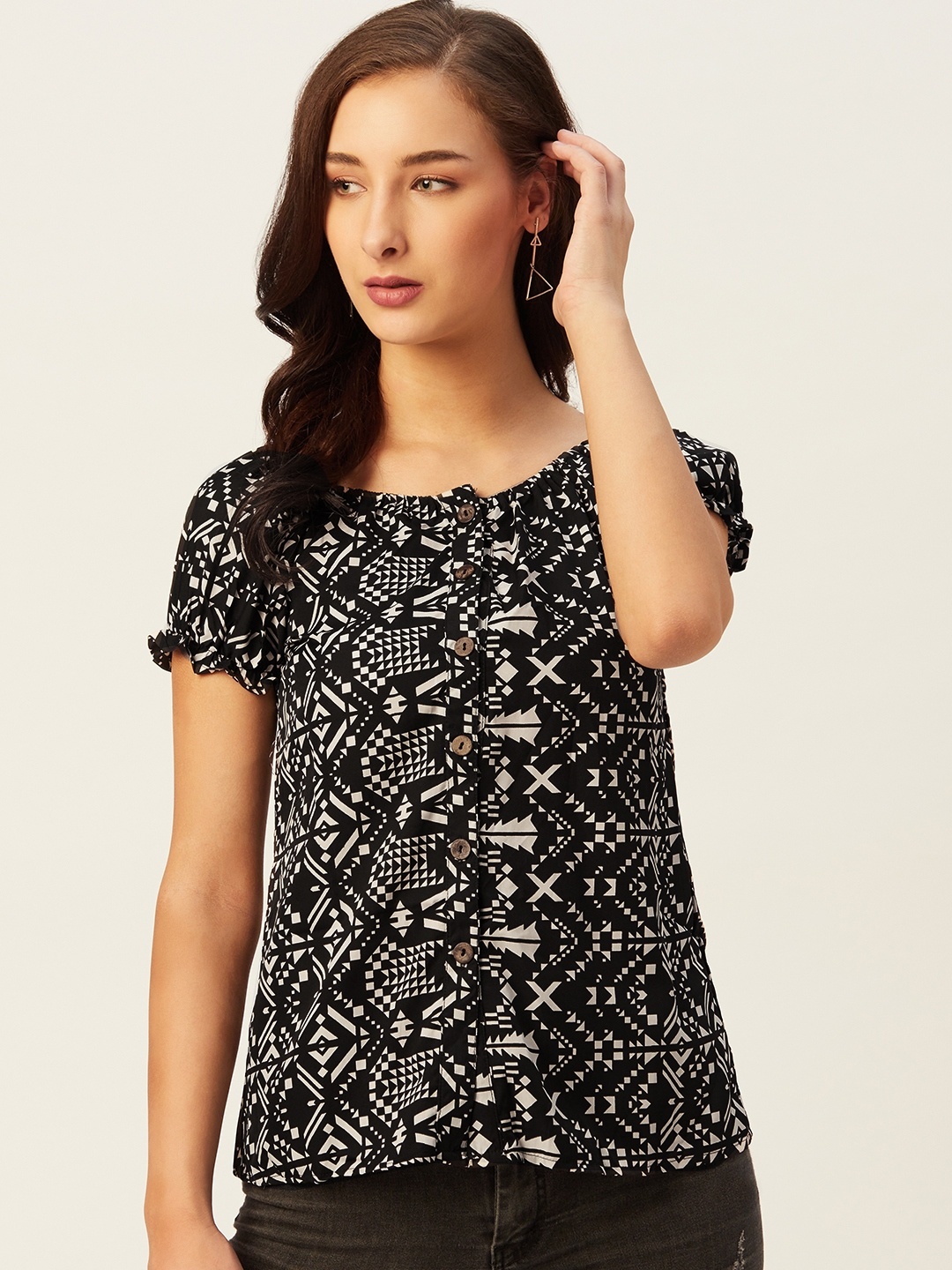 

Belle Fille Black & White Geometric Printed Bell Sleeves Monochrome Regular Top