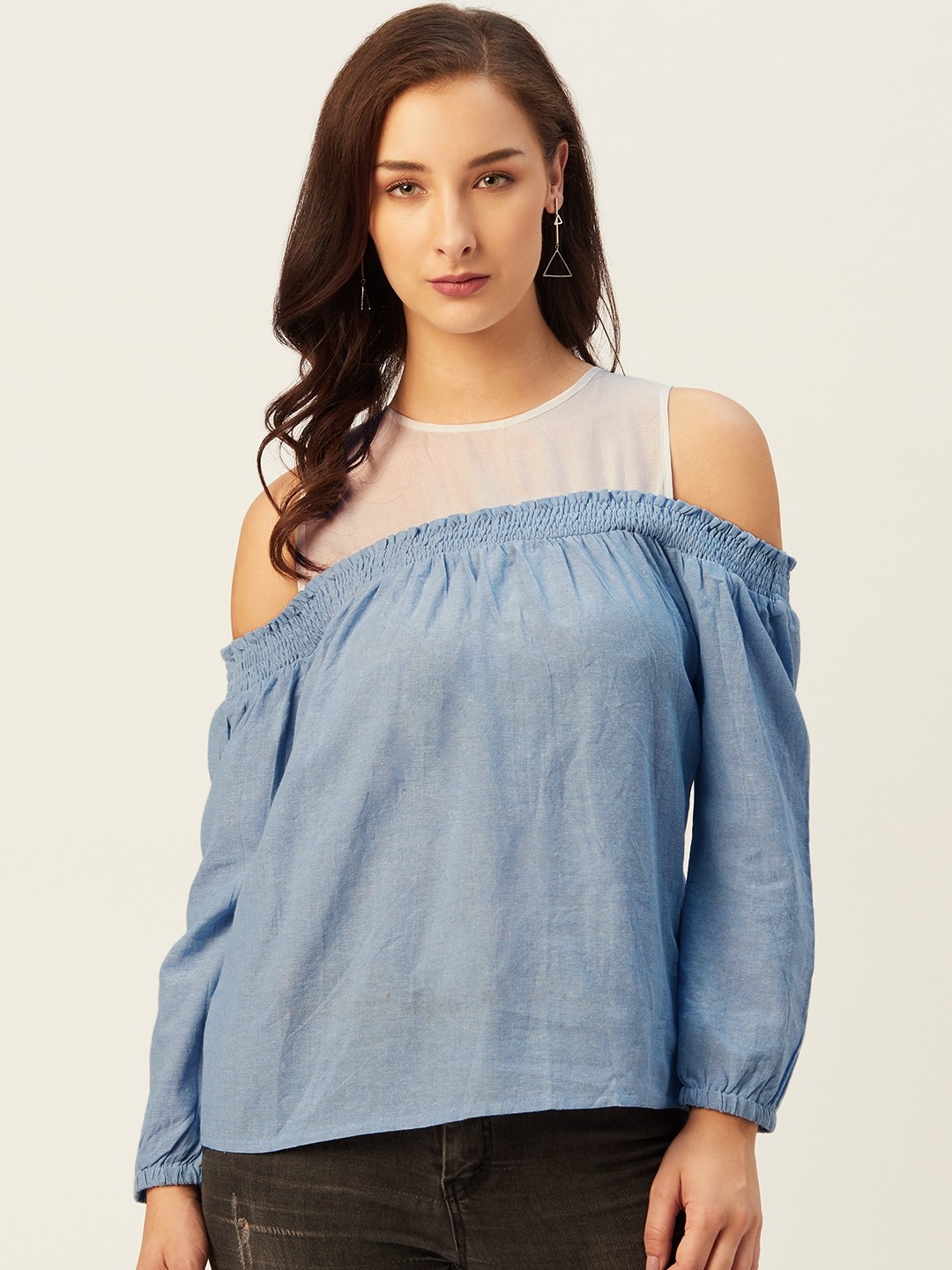 

Belle Fille Blue & White Cold-Shoulder Sleeves Chambray Regular Top