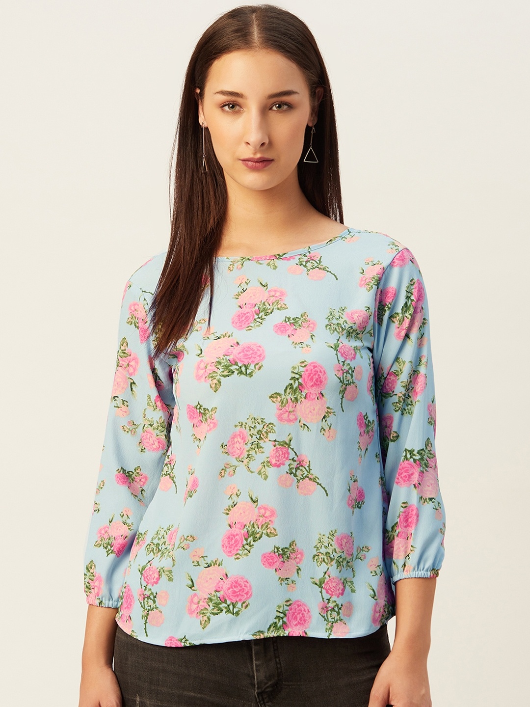 

Belle Fille Blue & Pink Floral Printed Crepe Regular Top